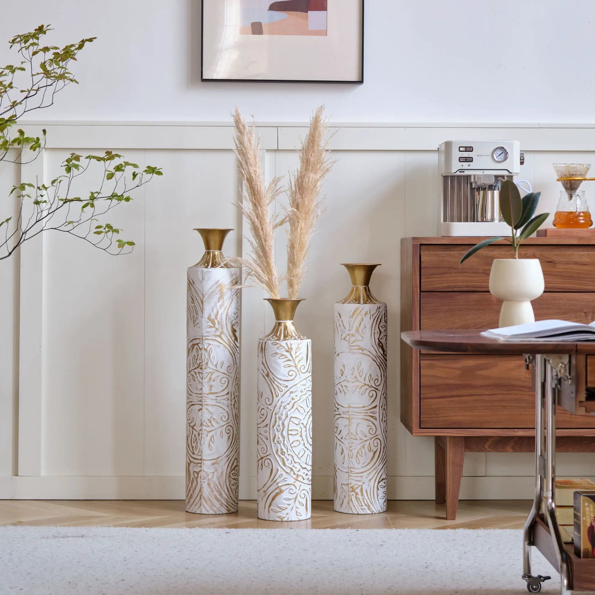 Floor Metal Vases Decorated Metal Vases (Set of 3) Gorgeous Home Decoration Large Glazed Metal Vases - White / Gold by Unique Piece Furniture
