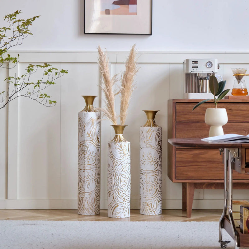 Floor Metal Vases Decorated Metal Vases (Set of 3) Gorgeous Home Decoration Large Glazed Metal Vases - White / Gold by HouseOfZazla