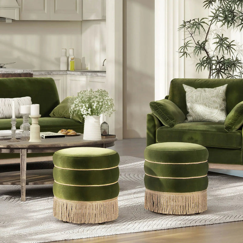 Edward - Round Upholstered Ottoman With Bullion Fringe - Olive Green by Unique Piece Furniture