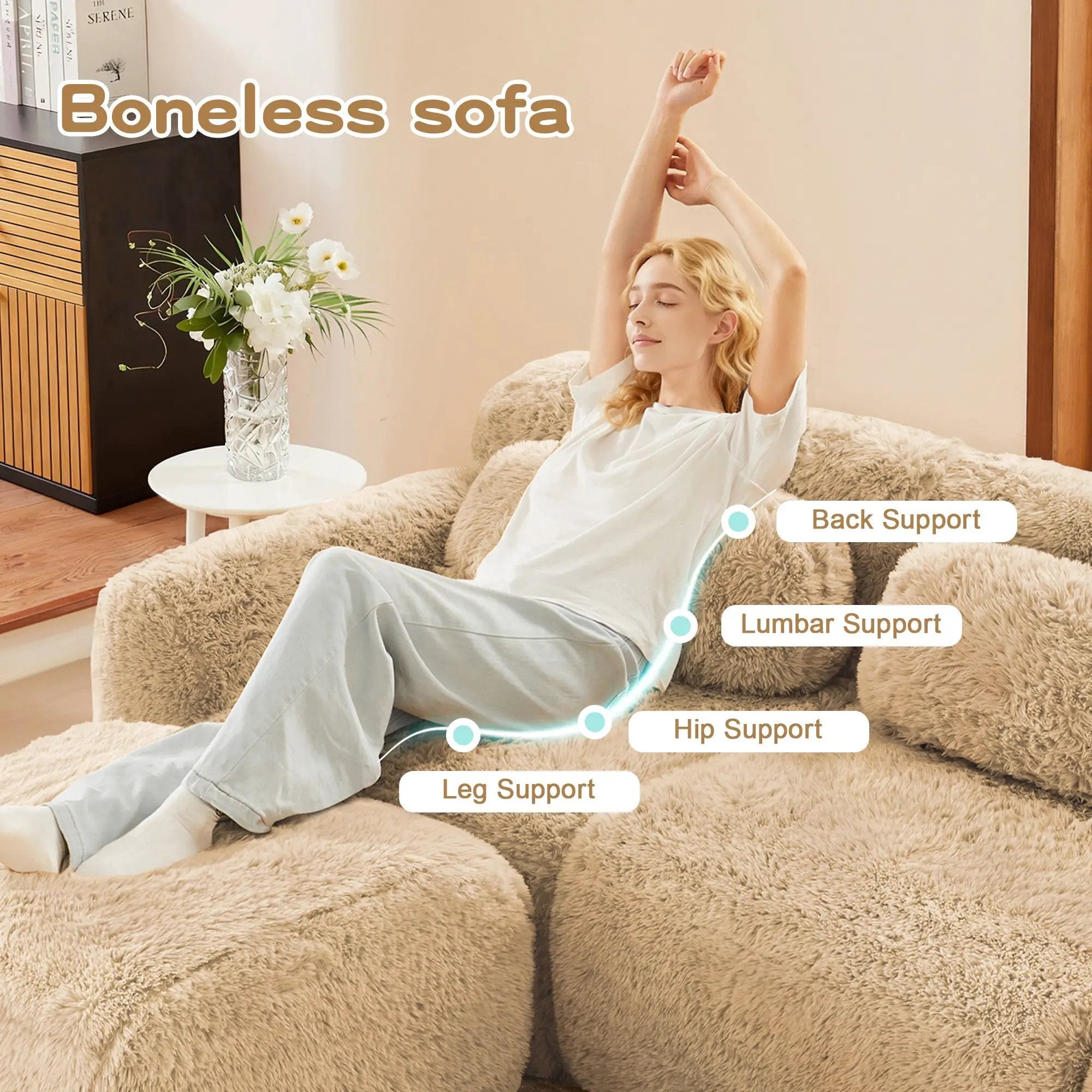 3-Seater Soft Plush Fabric Sofa With Movable Ottoman by HouseOfZazla