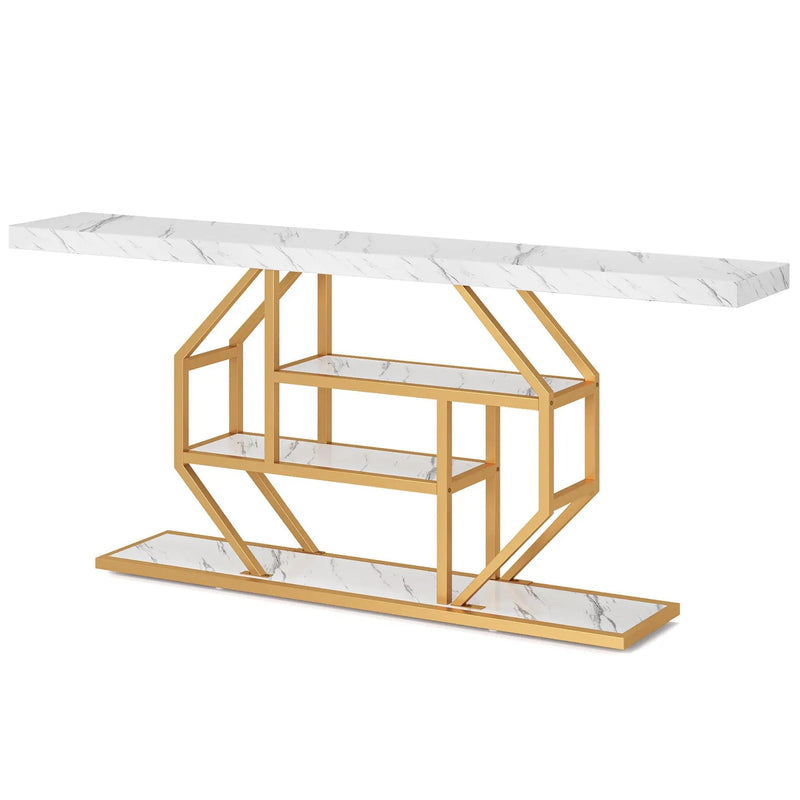 Extra Long Console Table With 4 Tier Storage For Living Hallway - White / Gold by HouseOfZazla