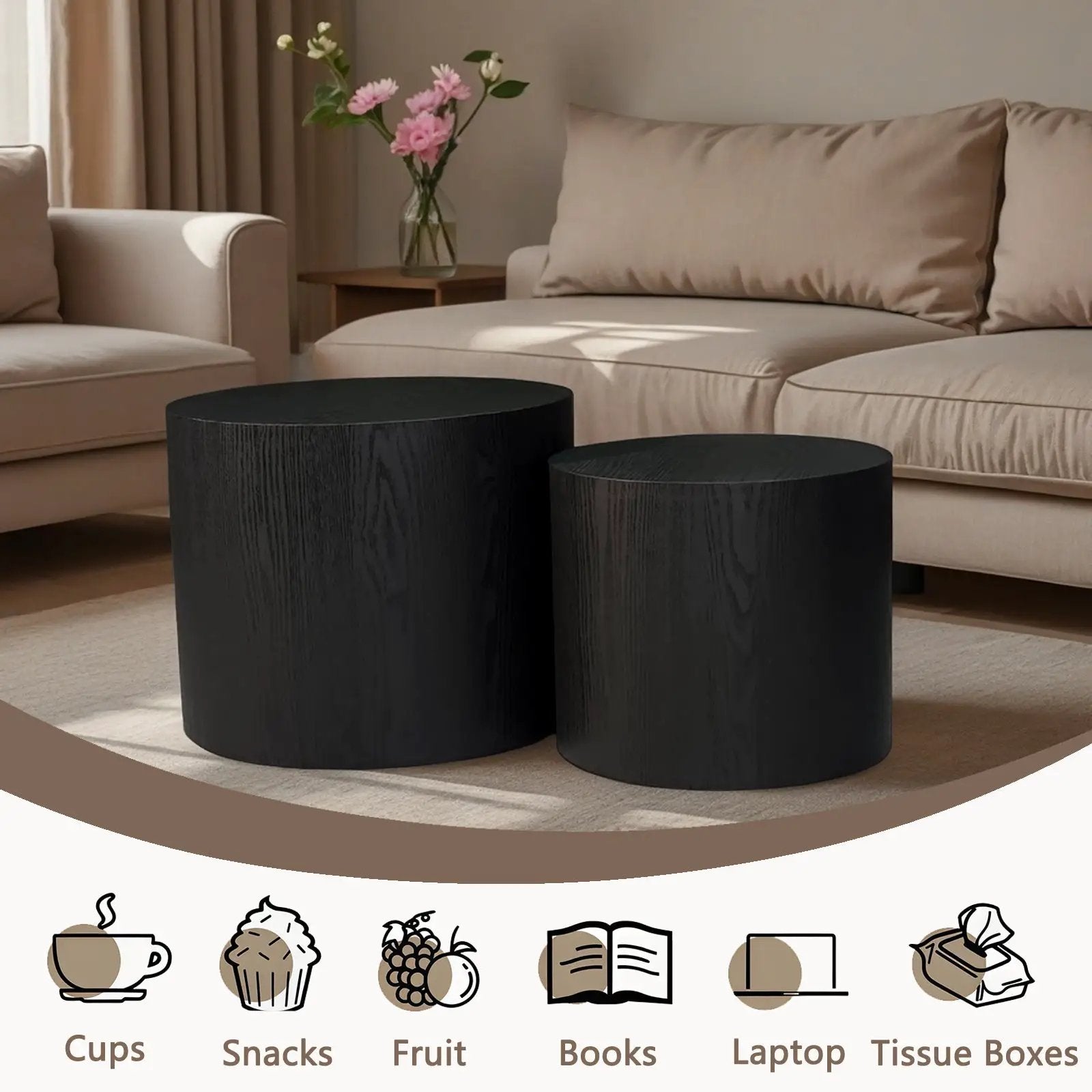 Nesting Coffee Table Set of 2, Modern Round Wood Side Tables by HouseOfZazla