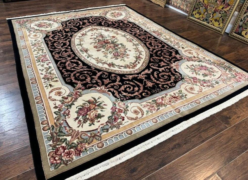 Aubusson Rug 8x10, Floral, Wool Pile, Elegant, European Design, Handmade, Fine by Jewel Rugs