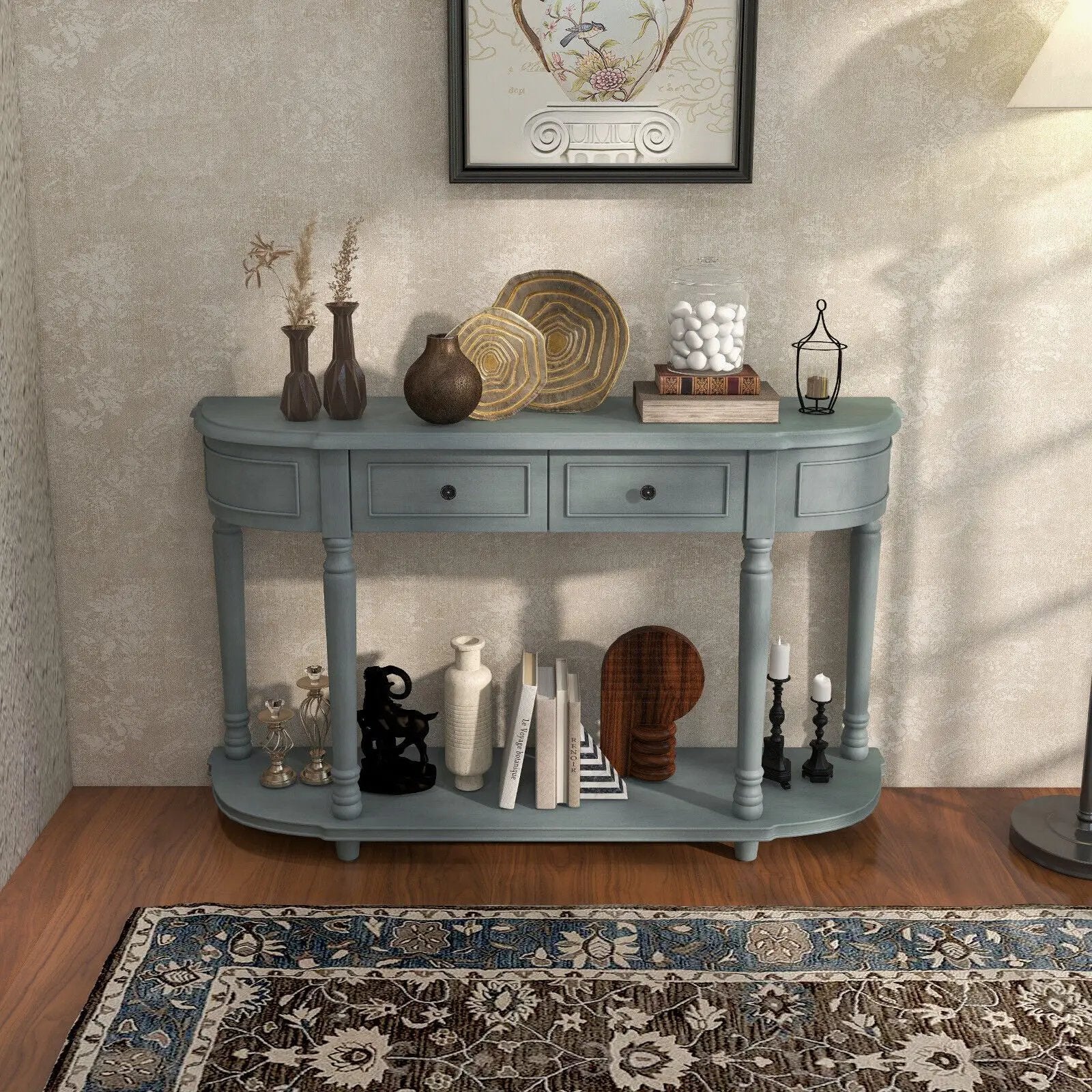 52 Inch Retro Console Table with 2 Drawers and Open Shelf Entryway Sofa Table-Blue by DirectDeals