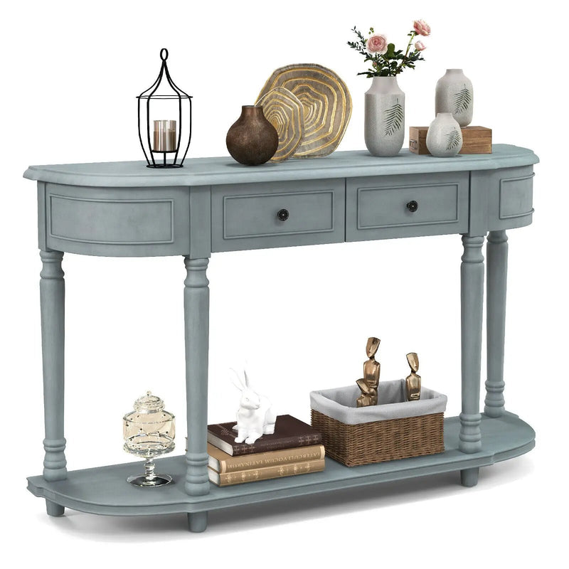 52 Inch Retro Console Table with 2 Drawers and Open Shelf Entryway Sofa Table-Blue by DirectDeals