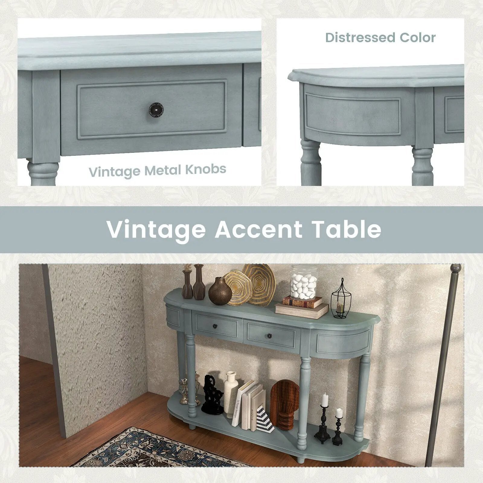52 Inch Retro Console Table with 2 Drawers and Open Shelf Entryway Sofa Table-Blue by DirectDeals