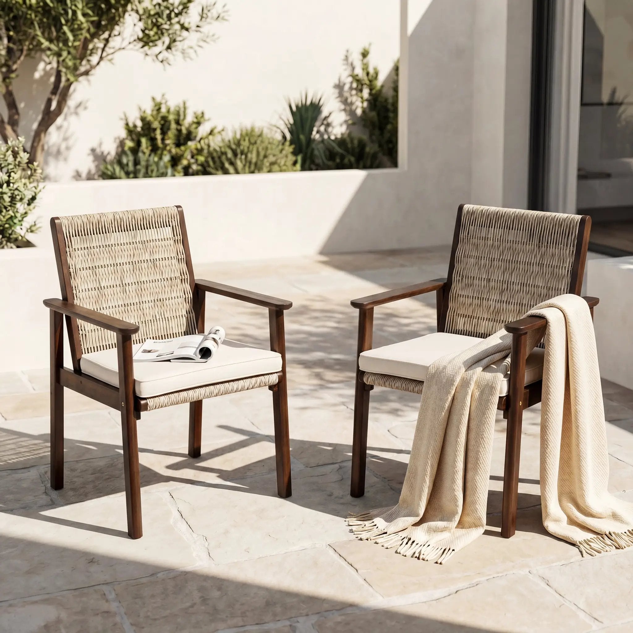 Outdoor Dining Chair Set with Acacia Wood & Wicker Rattan by HouseOfZazla