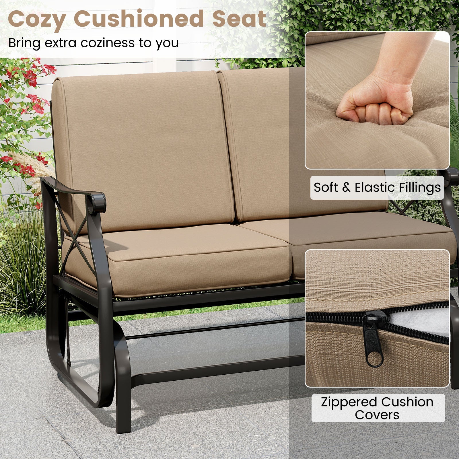 Outdoor 2-Person Glider Rocking Chair Loveseat with Thick Cushions and Metal Frame-Brown by DirectDeals