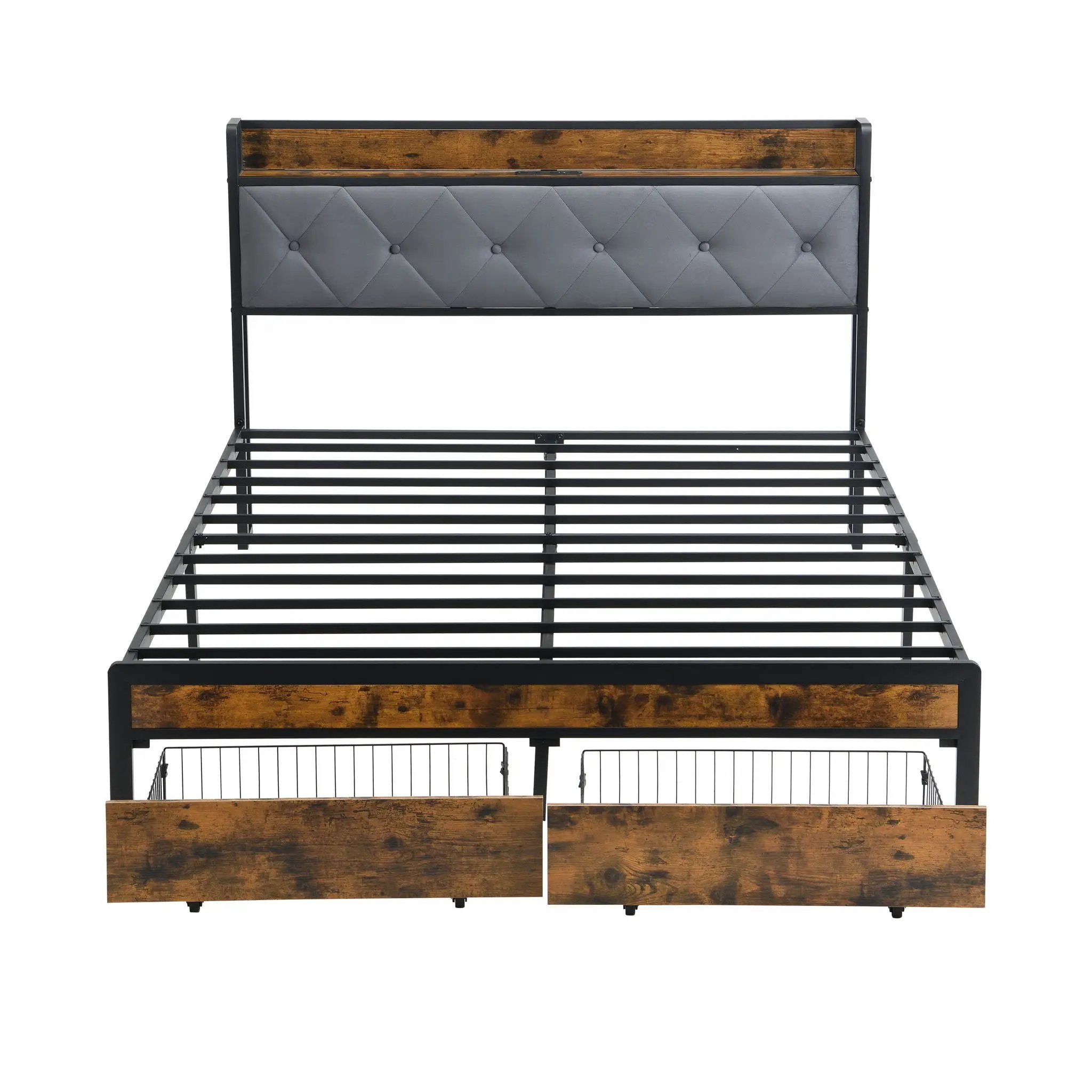 Modern Bed Frame With LED Lights, Upholstered Headboard, USB Charging by HouseOfZazla