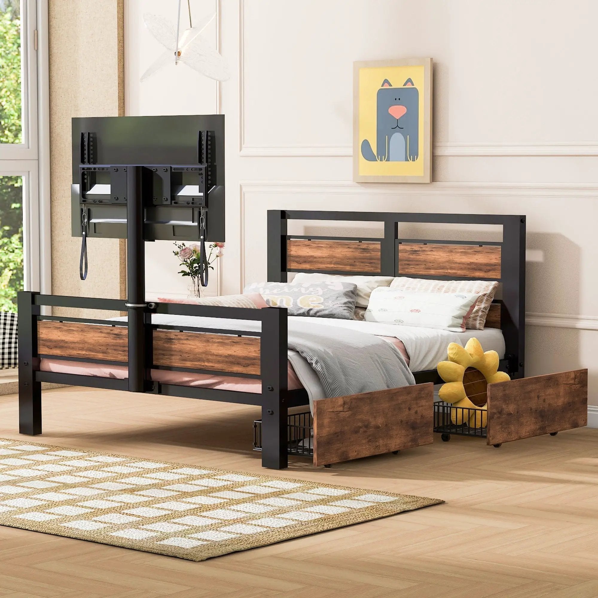 Twin Size Platform Bed With Headboard And Footboard, 2 Storage Drawers And Rotatable TV Stand - Black by Unique Piece Furniture