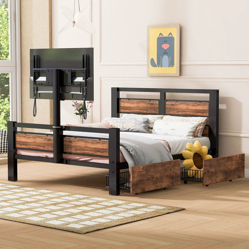 Twin Size Platform Bed With Headboard And Footboard, 2 Storage Drawers And Rotatable TV Stand - Black by Unique Piece Furniture