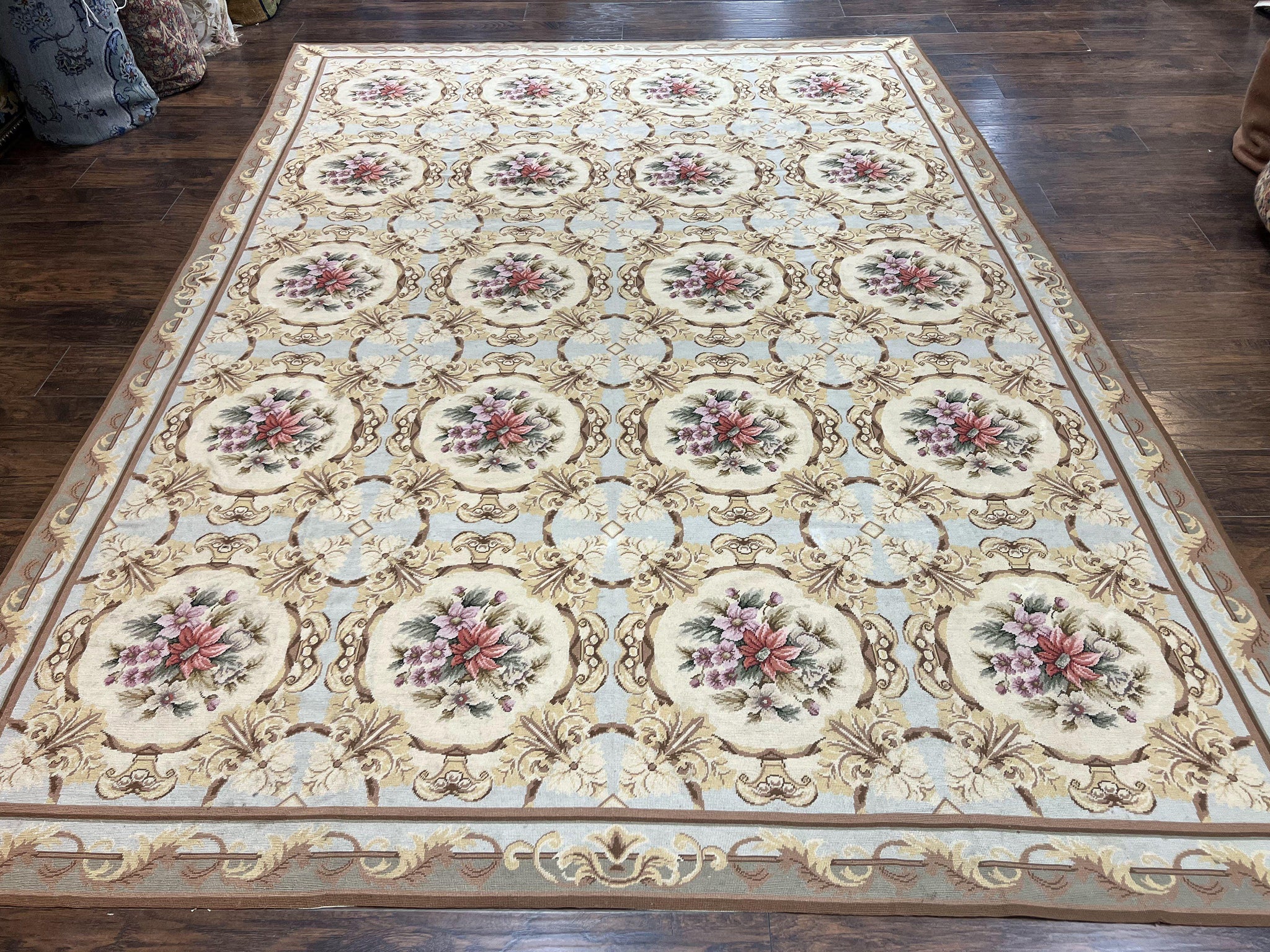 Chinese Needlepoint Rug 8x11, Handmade Wool Needlepoint Carpet, Vintage, Sky Blue by Jewel Rugs