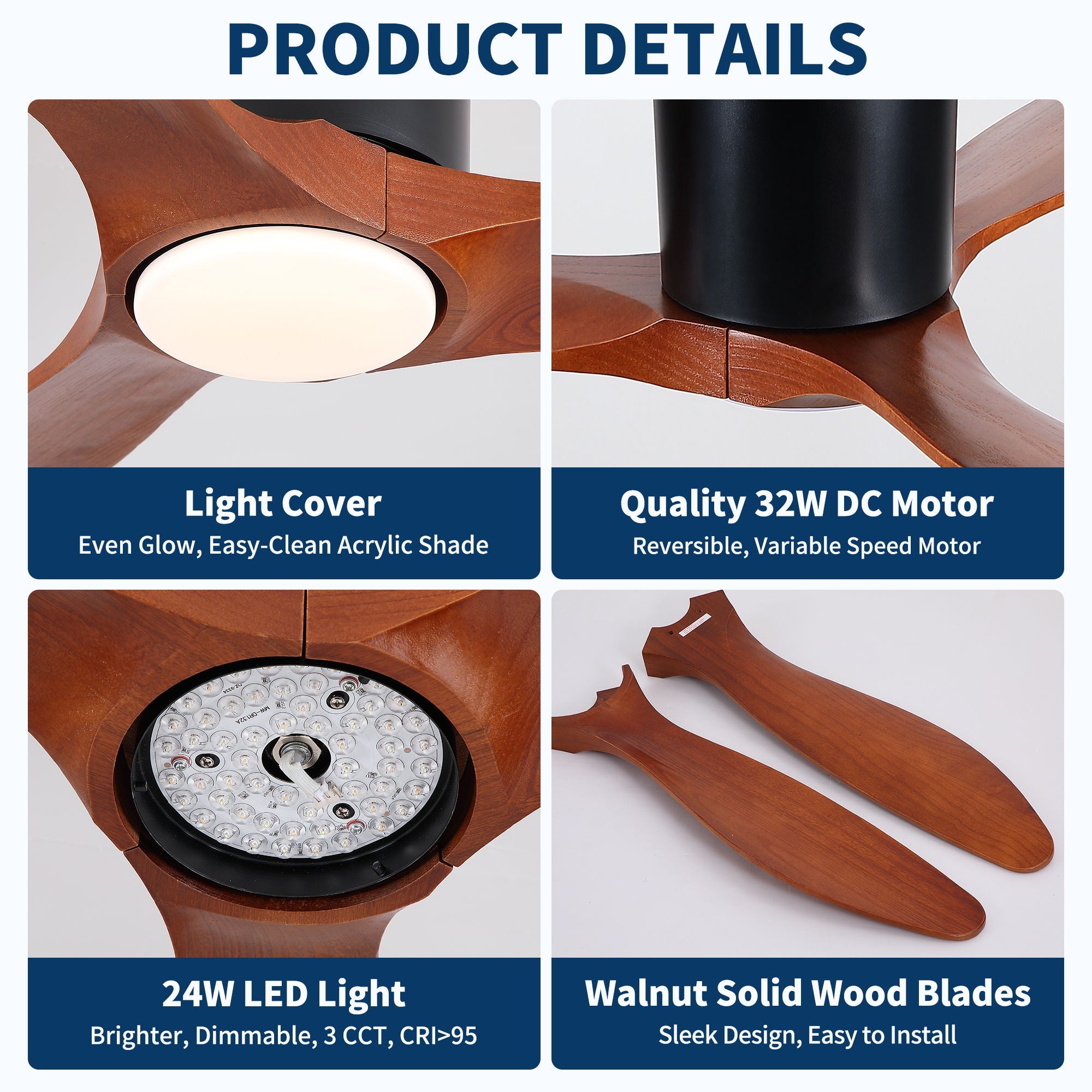 Low Profile Flush Mount Ceiling Fan With Light And Reversible Quiet Motor - Matte Black by HouseOfZazla