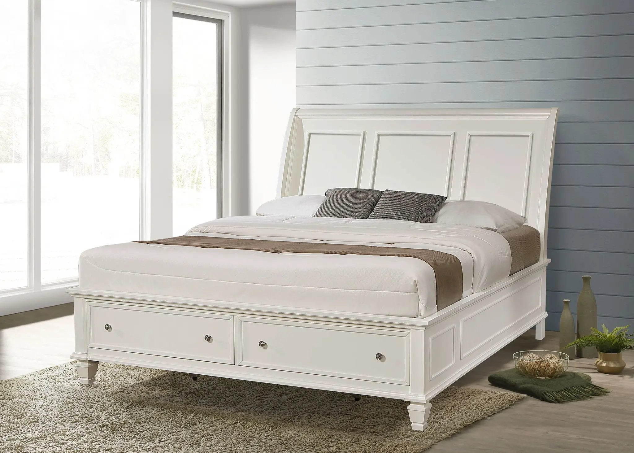 Sandy Beach Wood Eastern King Storage Panel Bed Cream White by Unique Piece Furniture