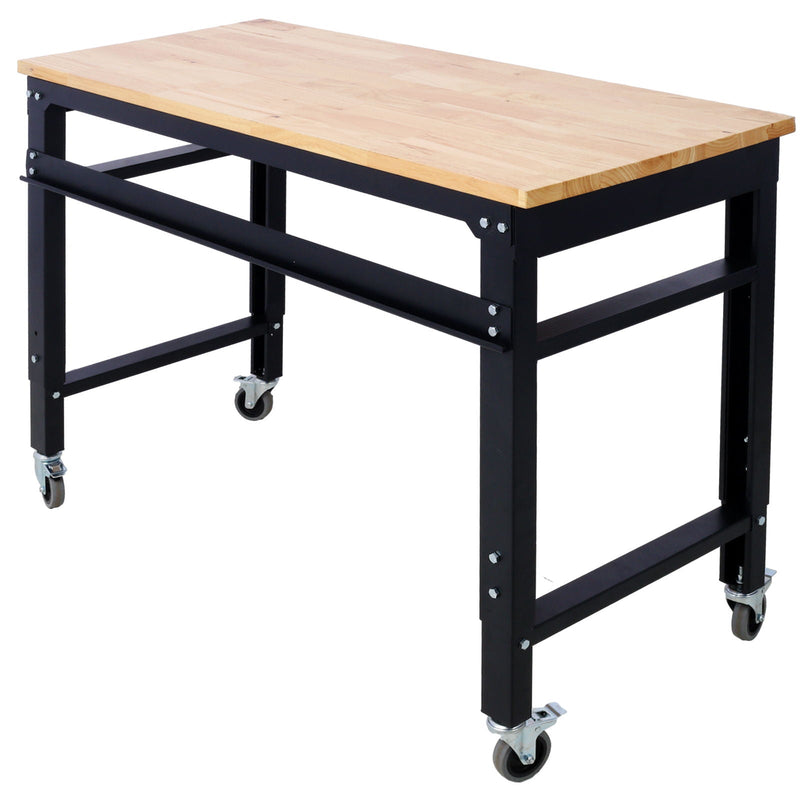 Wide Rolling Workbench For Garage, Adjustable Height, Workshop Tool Bench, Metal With Rubber Wood Top by HouseOfZazla