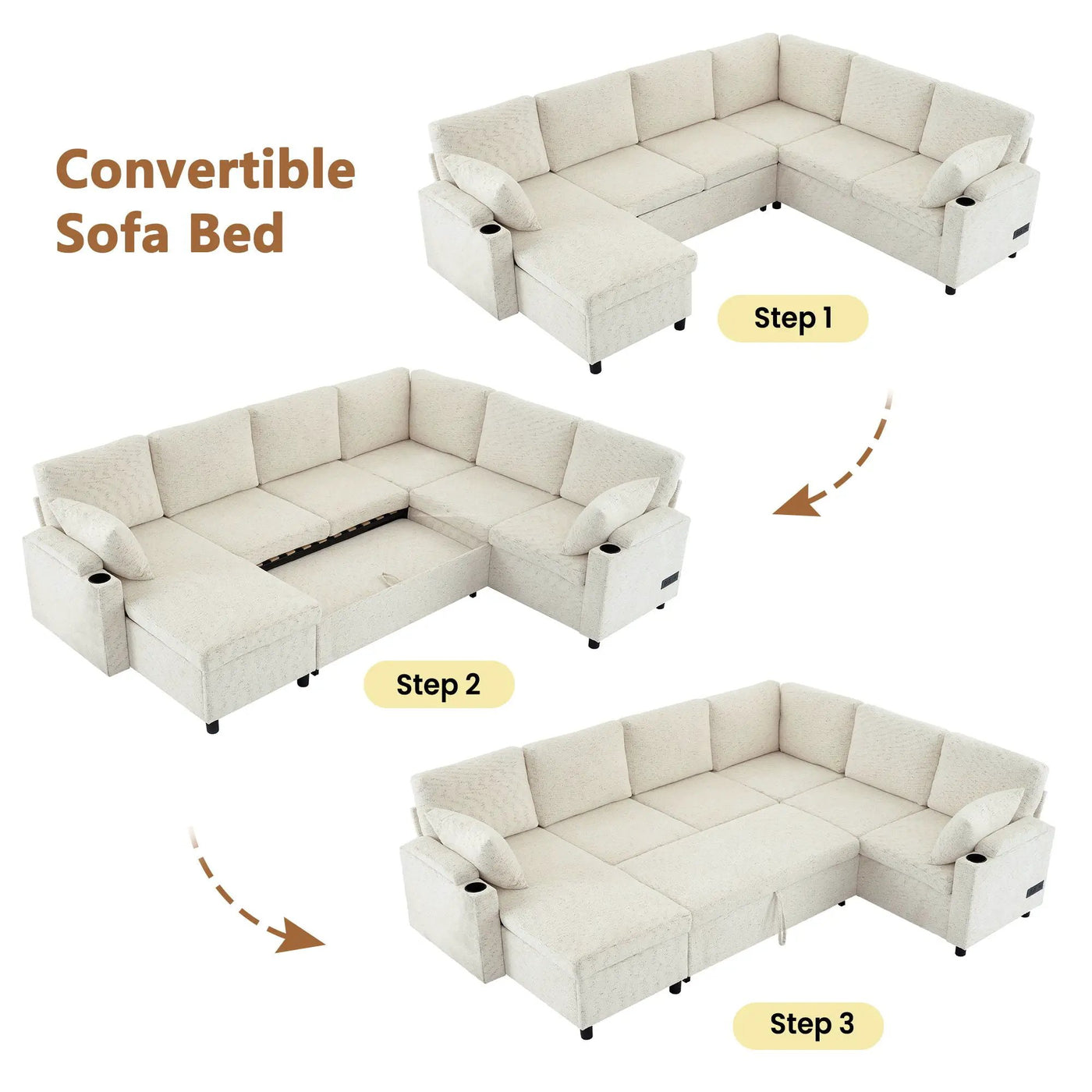 U-Shaped Sectional Sleeper Sofa With Ample Storage Space, 2 Cup Holders And Charging Ports For Living Room by Unique Piece Furniture