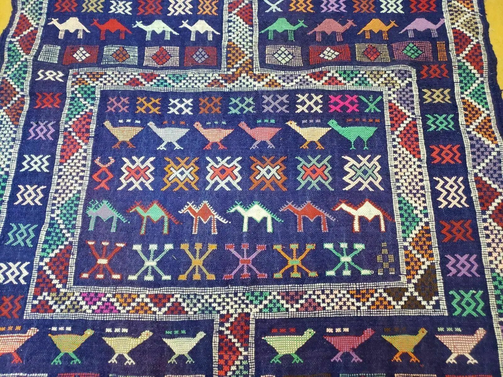 3' X 7' Vintage Handmade Indian Wool Kilim Flat weave Rug Camel Birds Blue Geometric Short Runner by Jewel Rugs