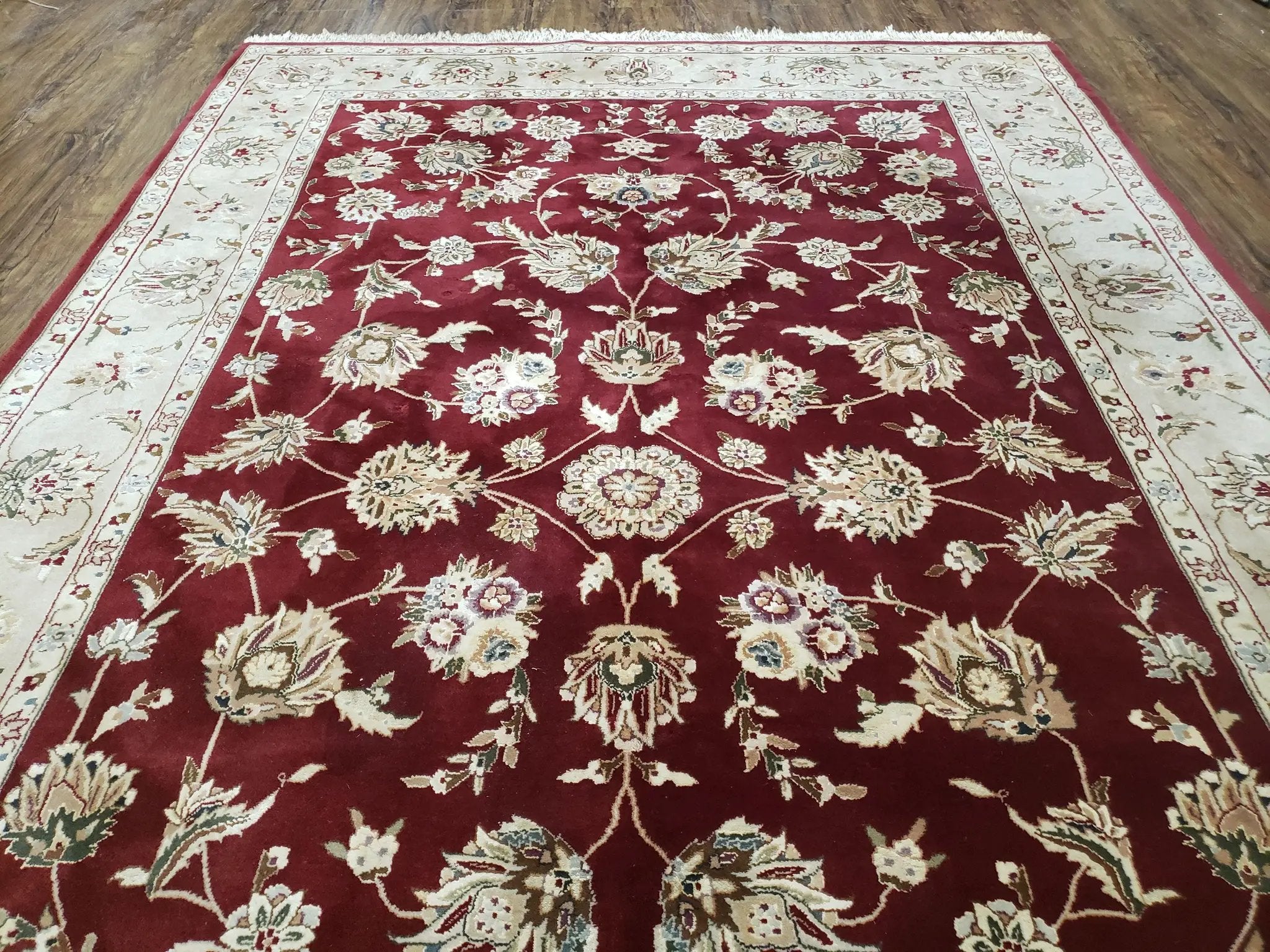 Vintage Traditional Oriental Area Rug, Hand-Knotted, Wool & Silk Accents, Maroon Red and Beige, 6x9 Carpet, 5' 9" x 9' by Jewel Rugs