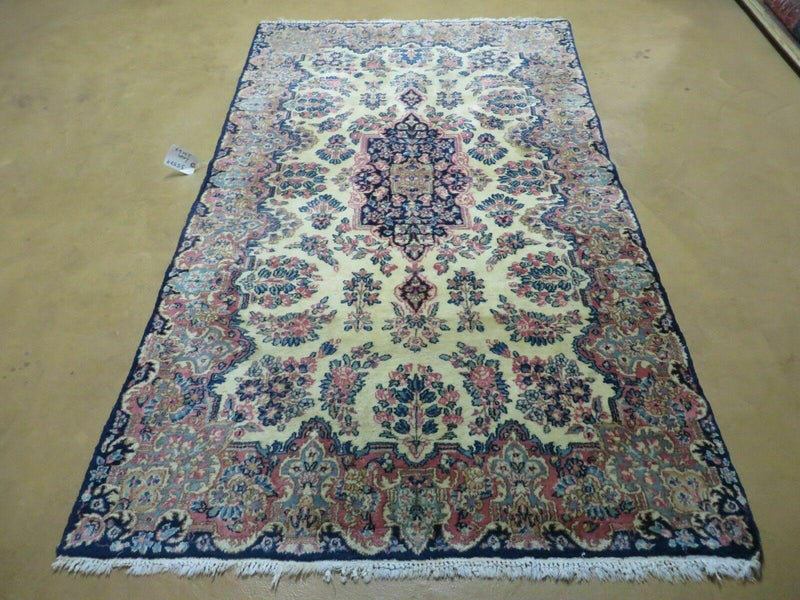 Antique Persian Kirman Rug 3.9 x 6.6, Floral Oriental Carpet, Ivory/Cream - Blue - Pink, Hand Knotted Wool Rug, Floral Medallion Rug 4x6 by Jewel Rugs