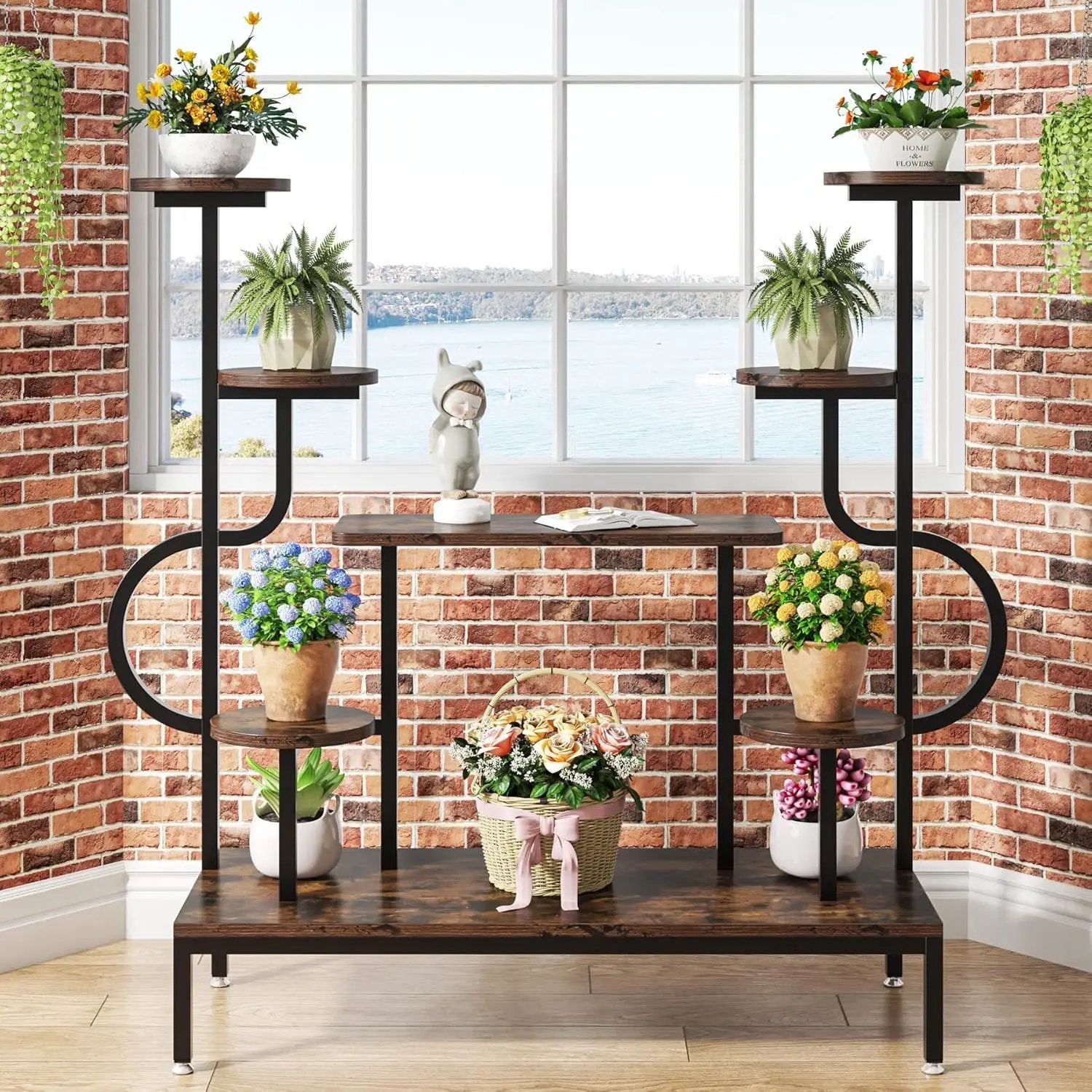 8 Tier Plant Stand With Round And Square Shelves For Living Room, Patio, Balcony & Garden - Brown / Black by HouseOfZazla