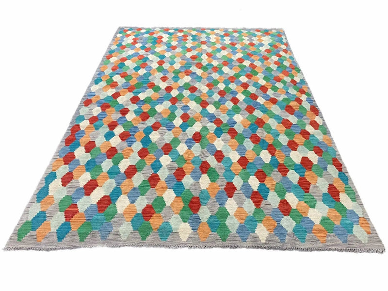 6.5 x 9.5 Colorful Chobi Kilim Rug 6 x 9 Multicolor Turkish Kilim Rug 7x10 Chobi Kilim Rug Playroom Rug Wool Kilim Rug 6x9 New Tribal Kilim by Jewel Rugs