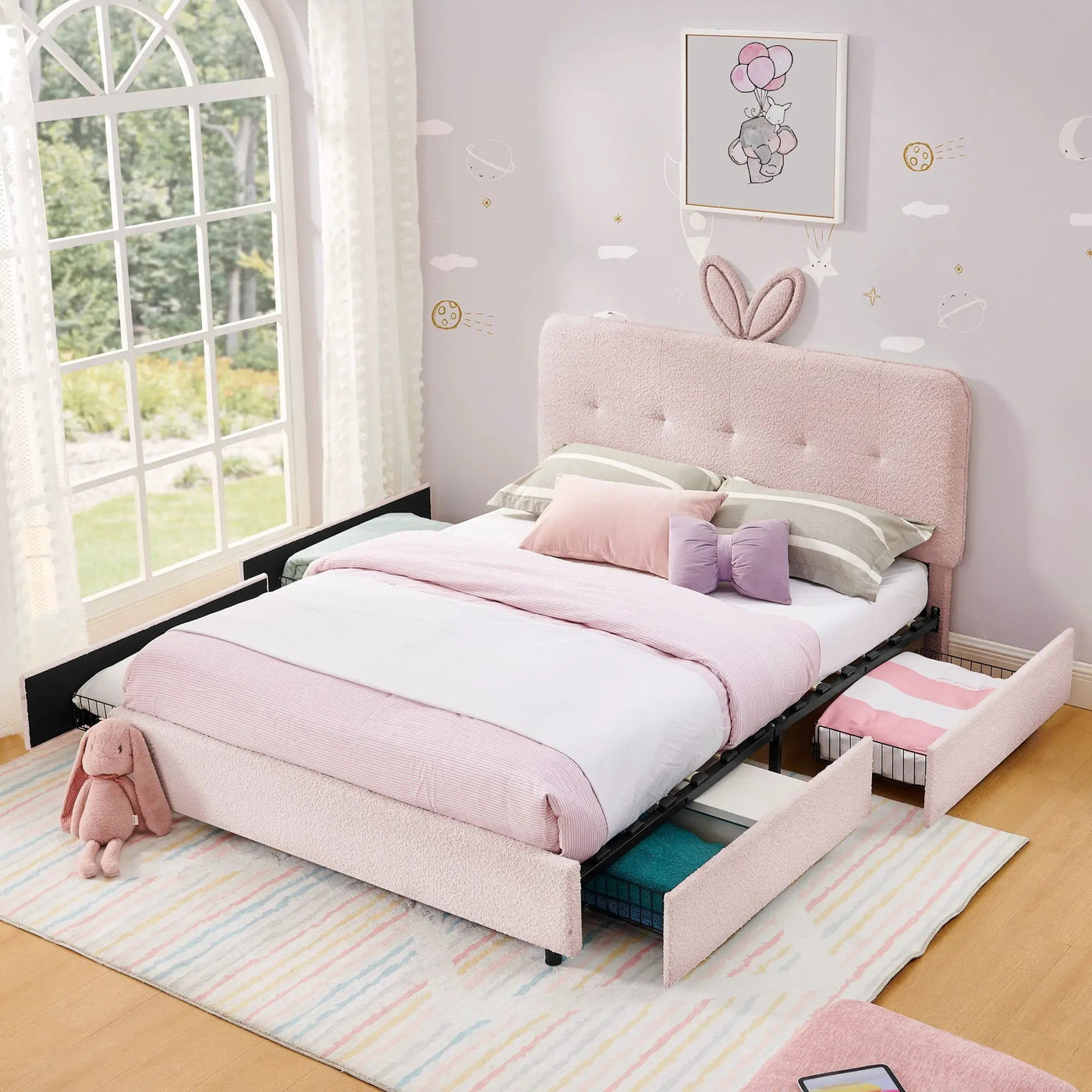 Upholstered Bed With Oversized Rabbit Ear Headboard, LED Lights & 4 Storage Drawers by Unique Piece Furniture