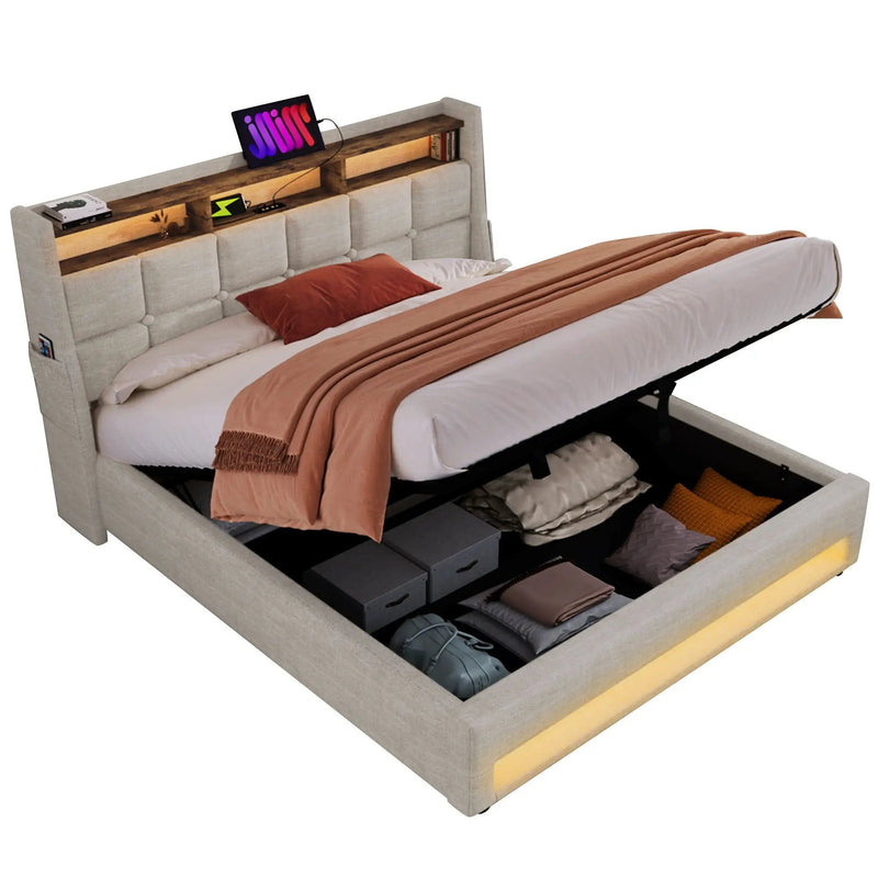 Upholstered Platform Bed With A Hydraulic Storage System, LED And USB Charging (Without Mattress) by HouseOfZazla