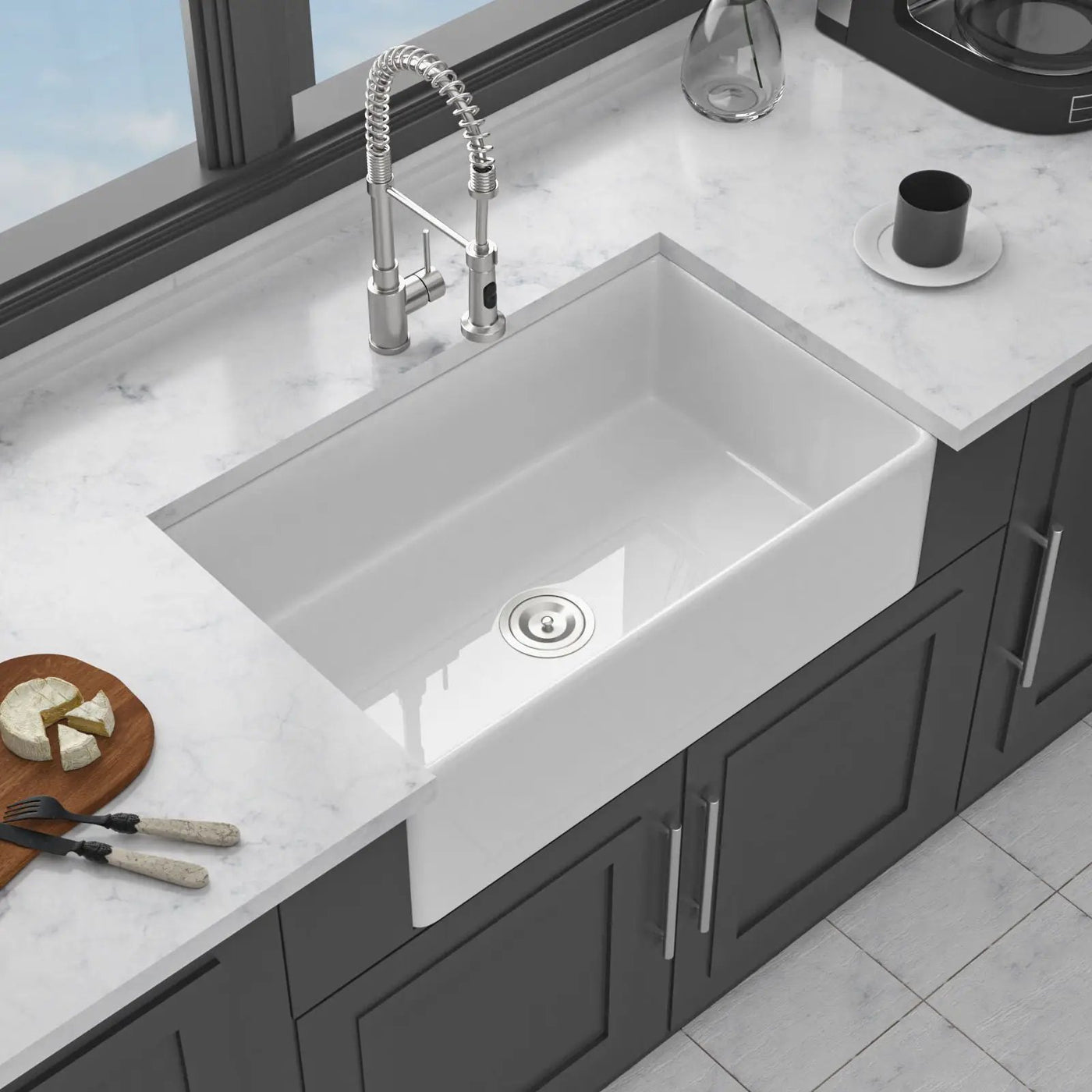 Ceramic Farmhouse Sink With Deep Basin And Stainless Steel Grid by HouseOfZazla