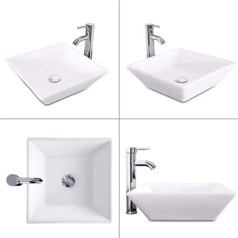 Square Bathroom Vessel Sink - White Porcelain Counter Bowl For Bathroom Vanity - White by HouseOfZazla