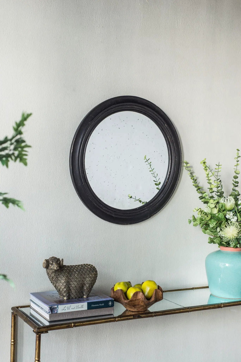 Circle Wall Mirror With Wooden Frame, Antique Classic Accent Mirror, For Living Room - Black by HouseOfZazla