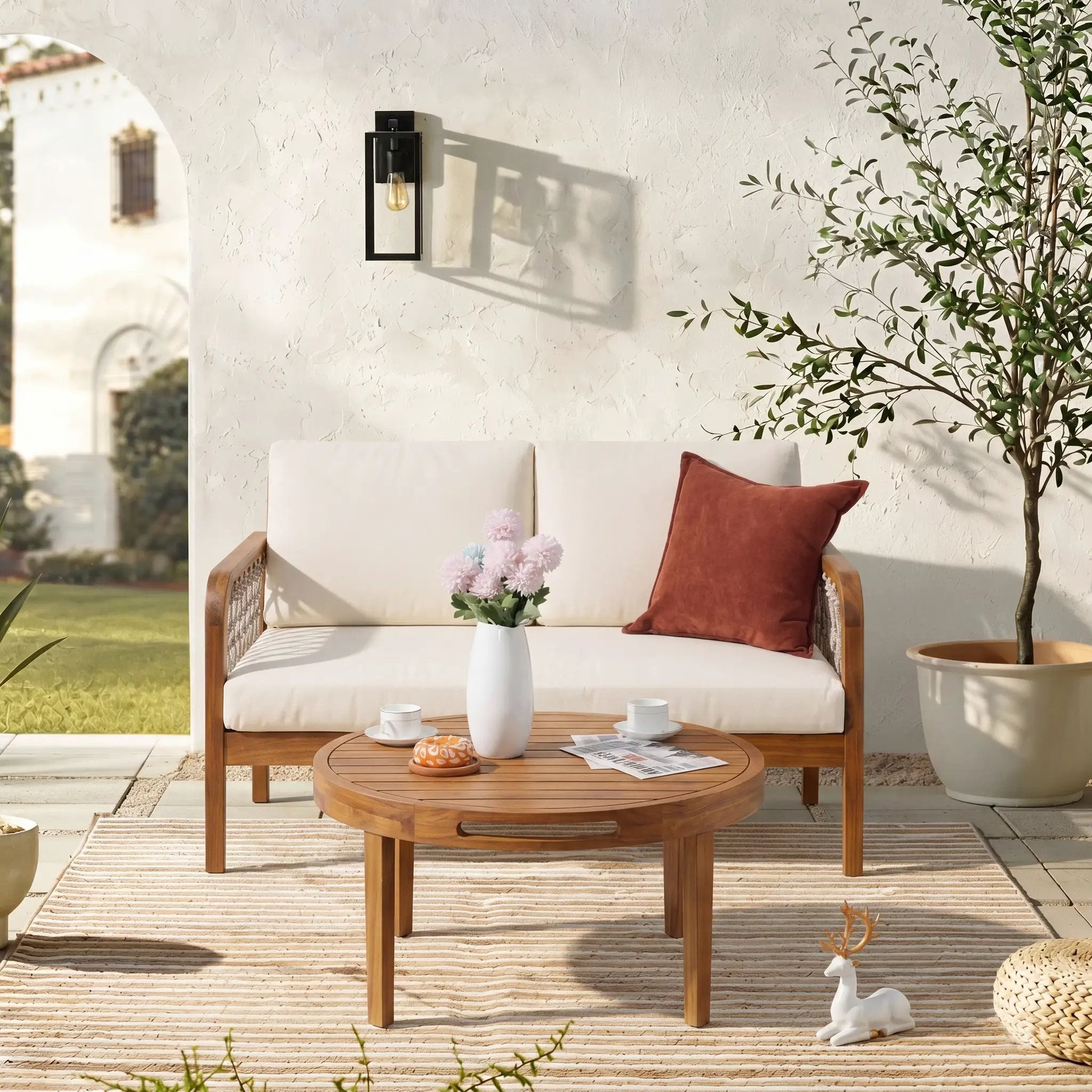 Outdoor Acacia Wood Loveseat & Coffee Table Set with Handwoven Rope, Teak Finish by HouseOfZazla