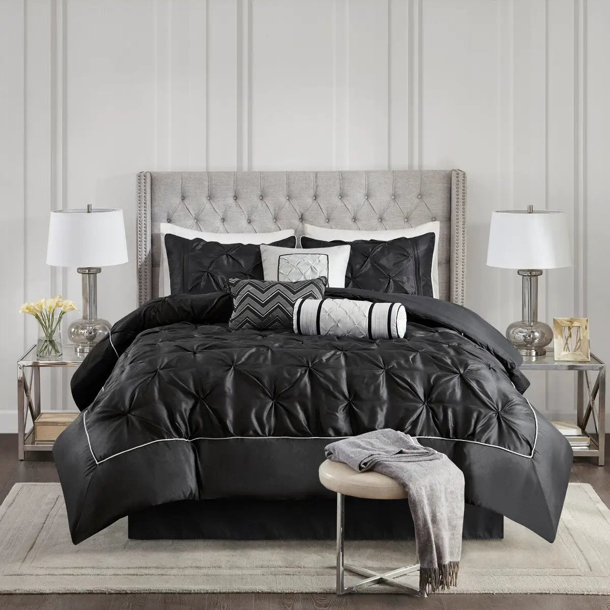 7 Piece Tufted Comforter Set Black California King by HouseOfZazla