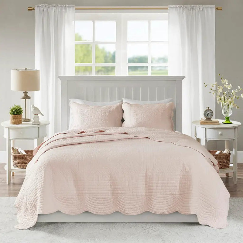 3 Piece Reversible Scalloped Edge Quilt Set Blush Full/Queen by HouseOfZazla