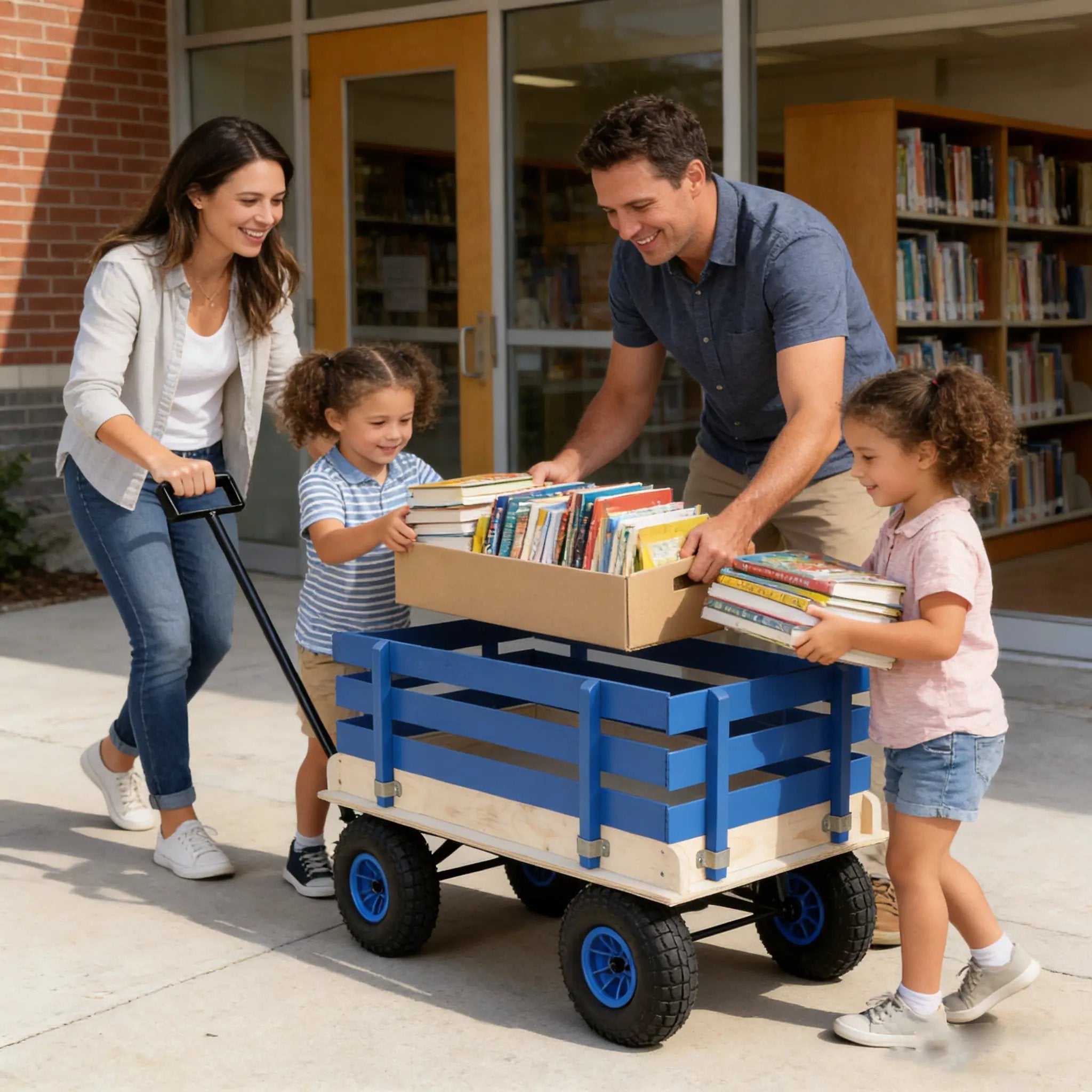 Blue Wooden Kids Pull Wagon with Removable Side Rails & All Terrain Wheels by HouseOfZazla