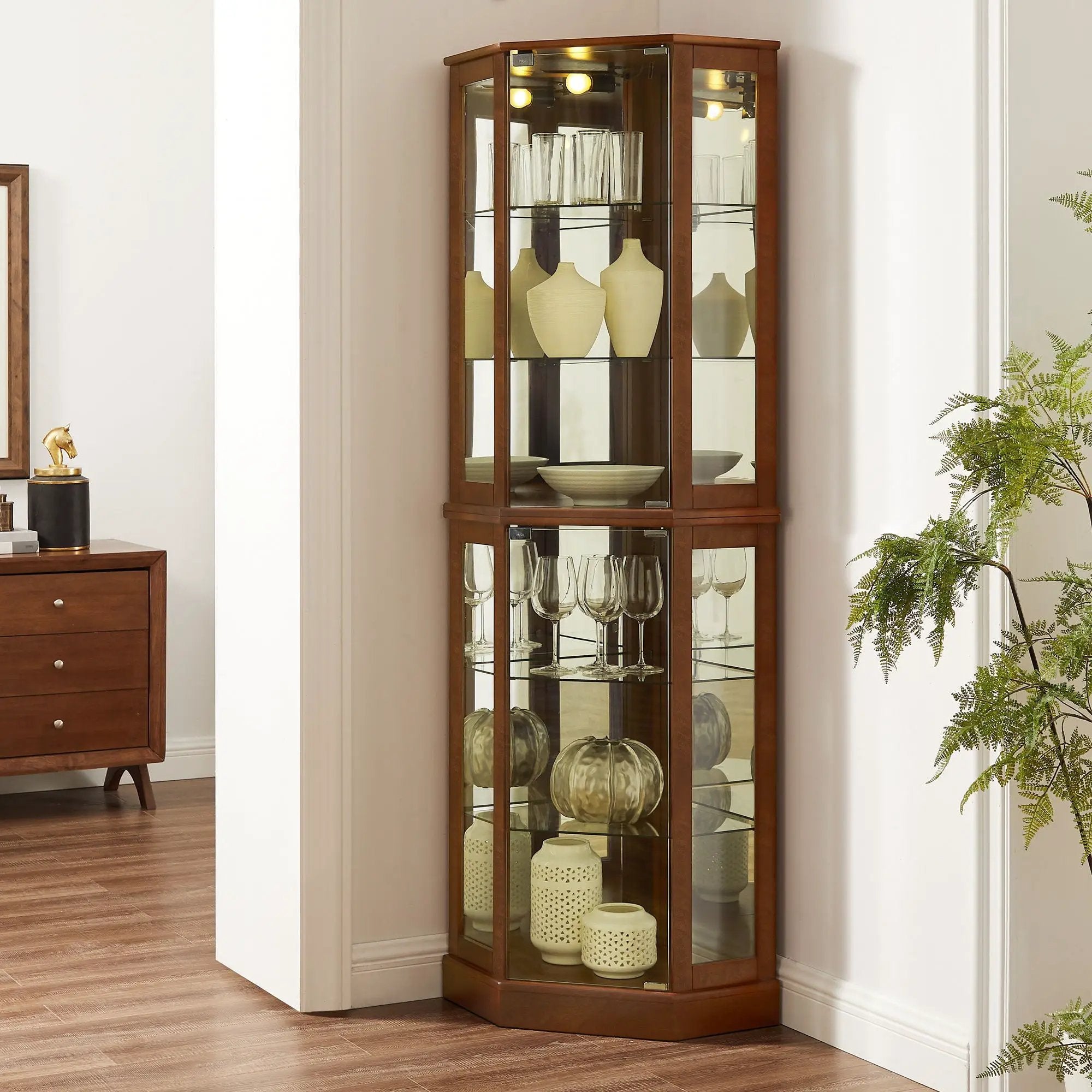 6 Shelf Corner Curio Display Cabinet With Lights, Mirrors And Adjustable Shelves (E26 Light Bulb Not Included) by Unique Piece Furniture