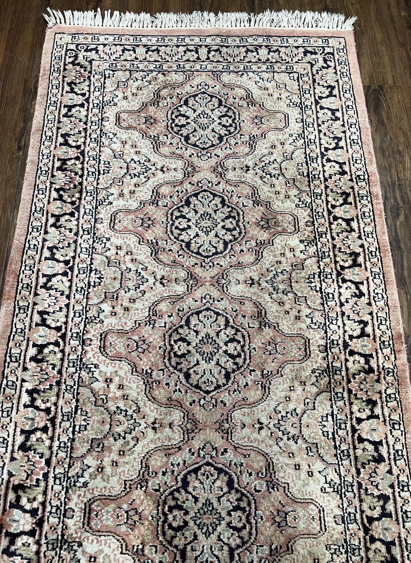 Silk Kashmiri Runner 2.7 x 10 ft Vintage Rug, Ivory Pastel Pink, Hand-Knotted Vintage Runner, Hallway Carpet, Indian Rug Medallion Runner by Jewel Rugs