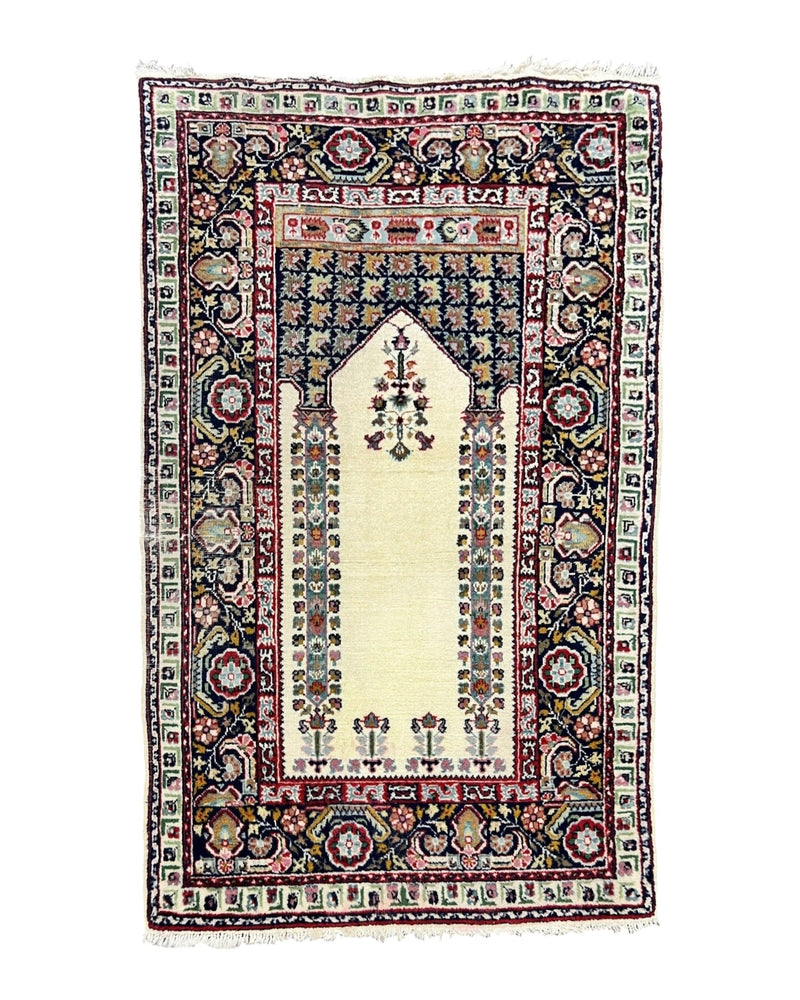Turkish Prayer Rug 2.5 x 4, Vintage Wool Hand Knotted Carpet, Ivory by Jewel Rugs