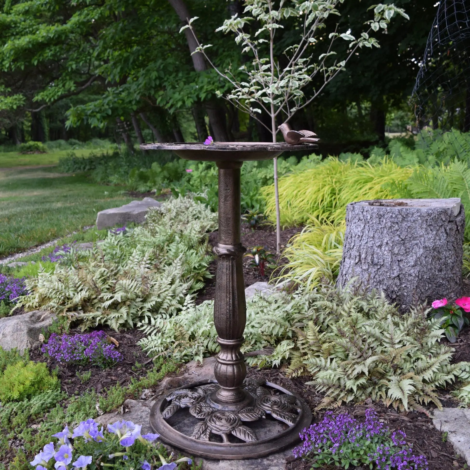 Round Cast Aluminum Metal 29-in Bronze Bird Bath with Roses by Sharicks