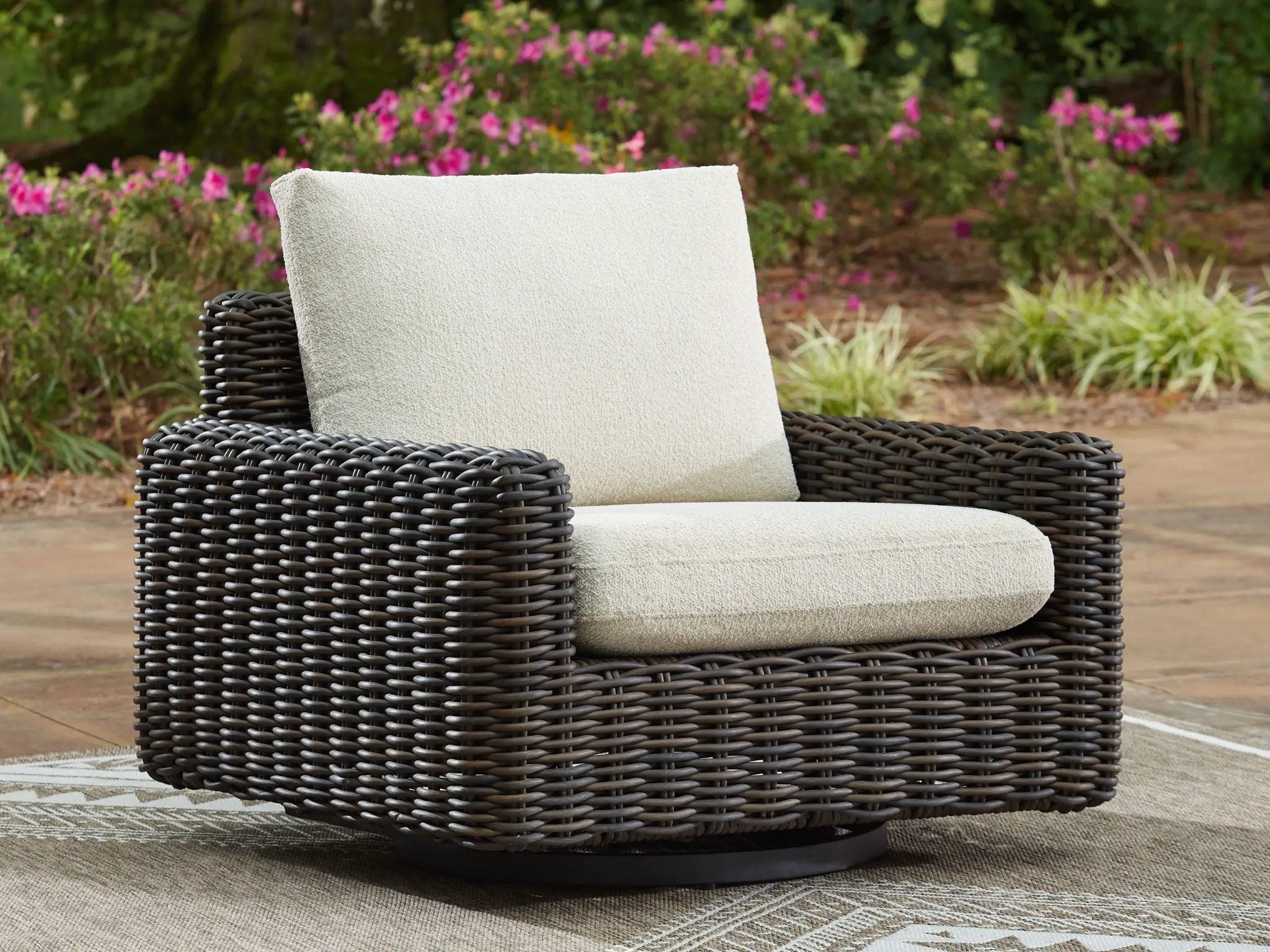 Kimora - 7 Pc. - 4-Piece Outdoor Sectional, Swivel Glider Lounge, Cocktail Table, End Table - Beige / Dark Brown by Unique Piece Furniture