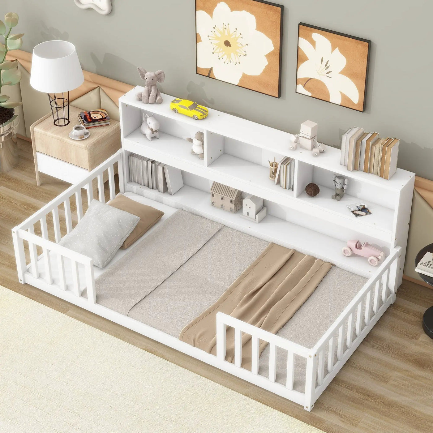 Floor Bed With Bedside Bookcase, Shelves, Guardrails by HouseOfZazla