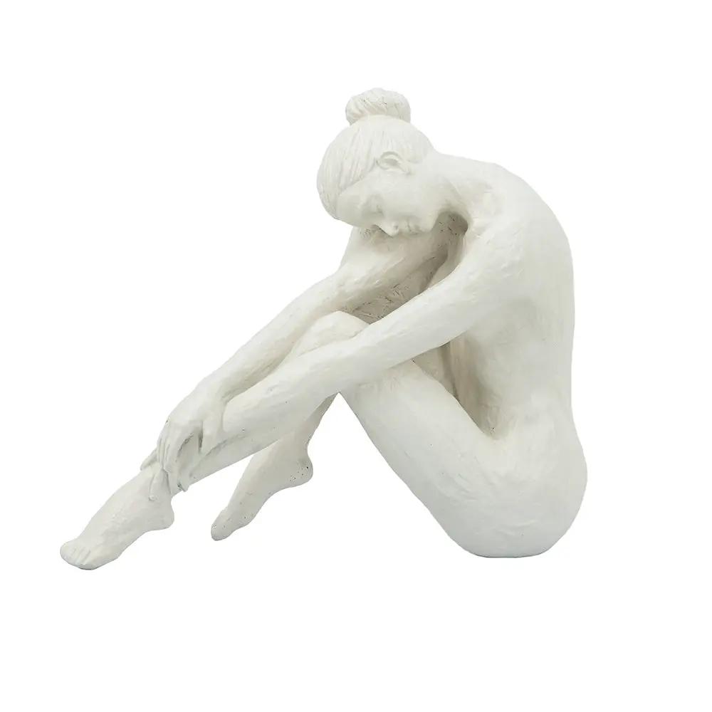 10.5x4.5x9' Seated Stone and Resin Woman Figurine with Smooth White Finish by HouseOfZazla