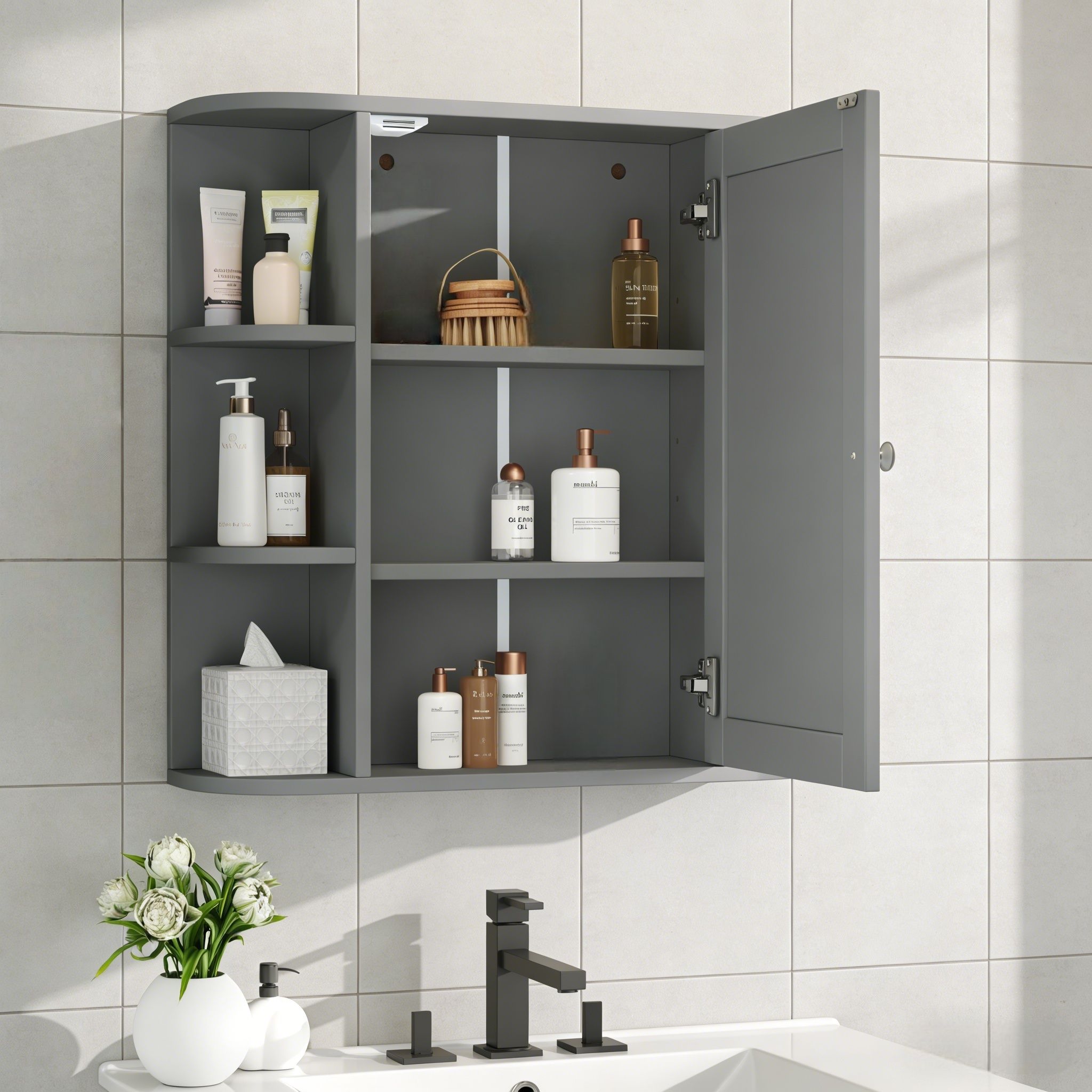 Bathroom Wall Storage Cabinet With Mirror And Adjustable Shelf, 6 Open Shelves by HouseOfZazla