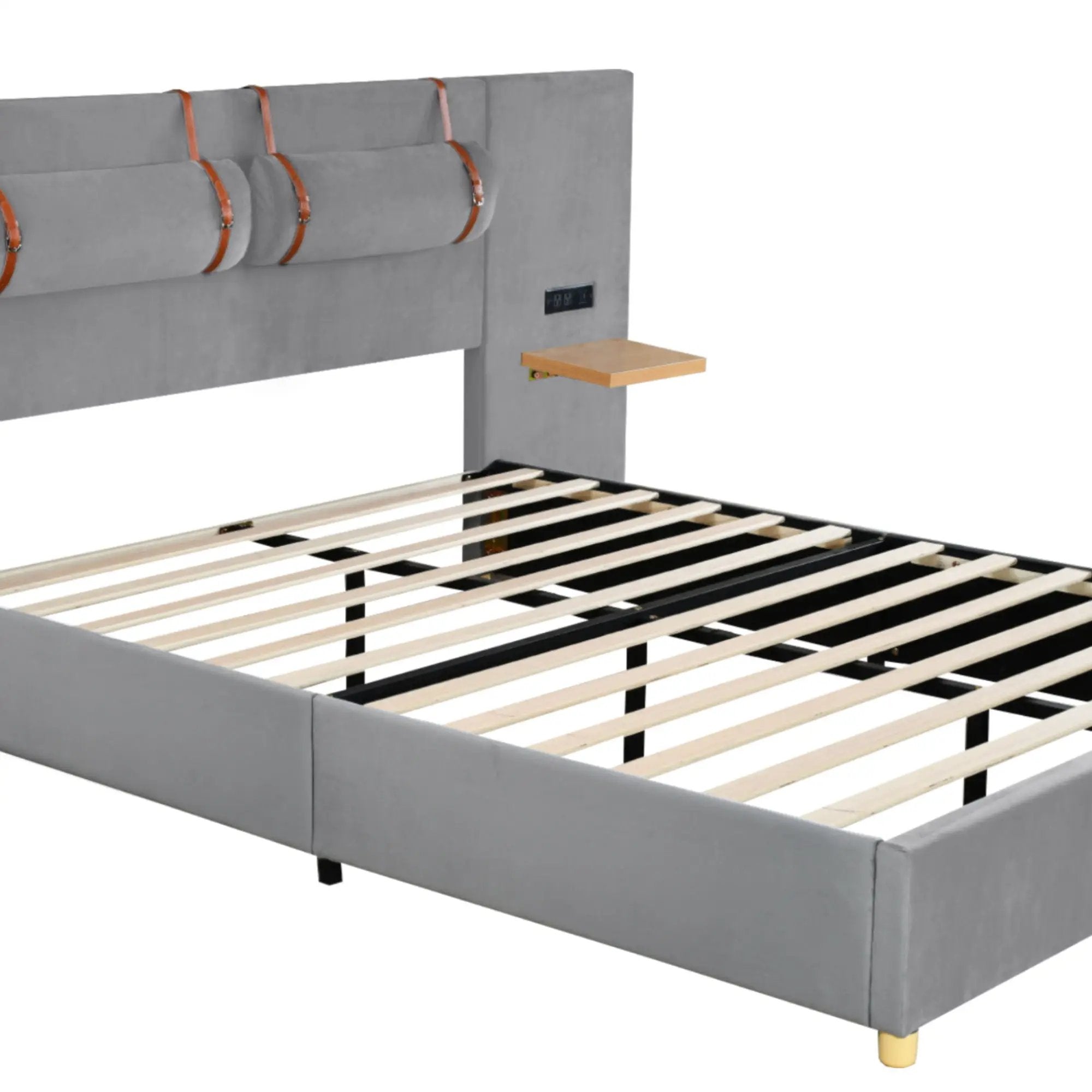 Upholstered Platform Bed, 2 Outlets And USB Charging Ports On Both Sides, 2 Bedside Pillows, Storage Shelves by HouseOfZazla