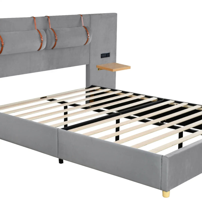 Upholstered Platform Bed, 2 Outlets And USB Charging Ports On Both Sides, 2 Bedside Pillows, Storage Shelves by HouseOfZazla