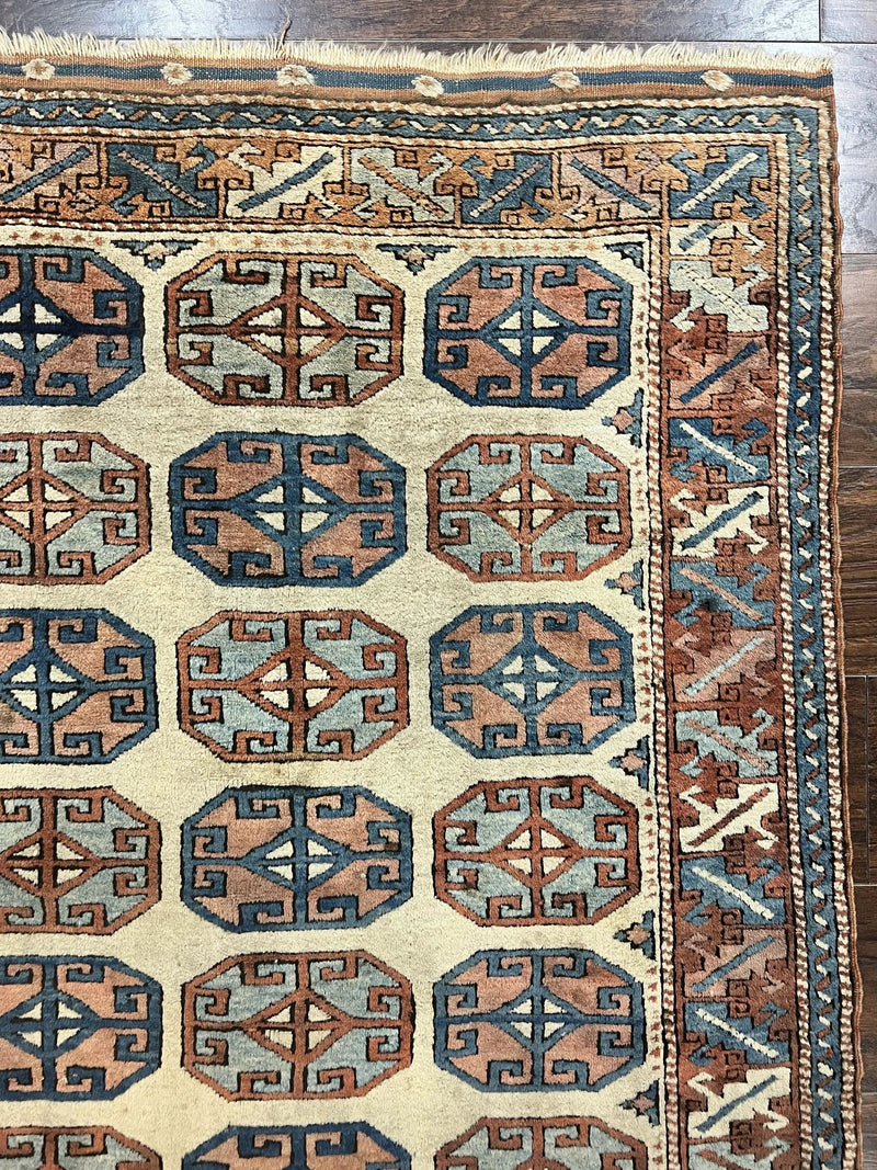 Turkish Kazak Rug 3x4, Wool Hand Knotted Handmade Vintage Carpet, Geometric Tribal Repeated Motif, Small 3 x 4 Antique Rug, Cream Red by Jewel Rugs