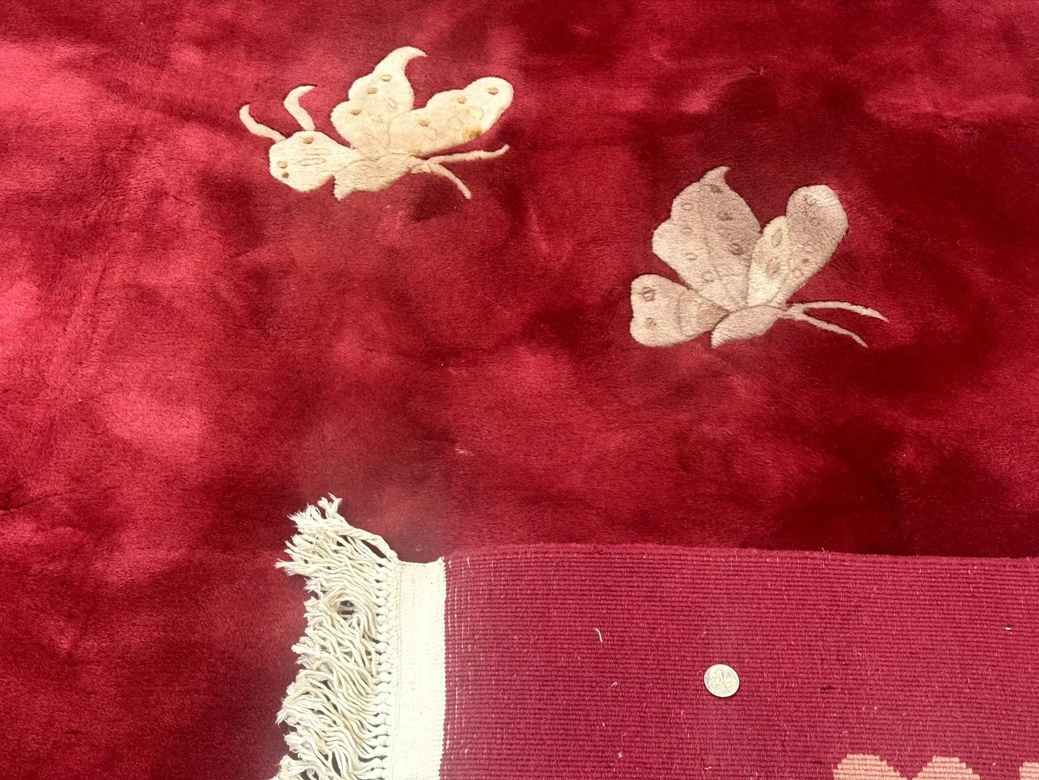 Palace Size Chinese Wool Rug 12x18, Red Art Deco Chinese Carving Carpet, Butterflies Flowers by Jewel Rugs
