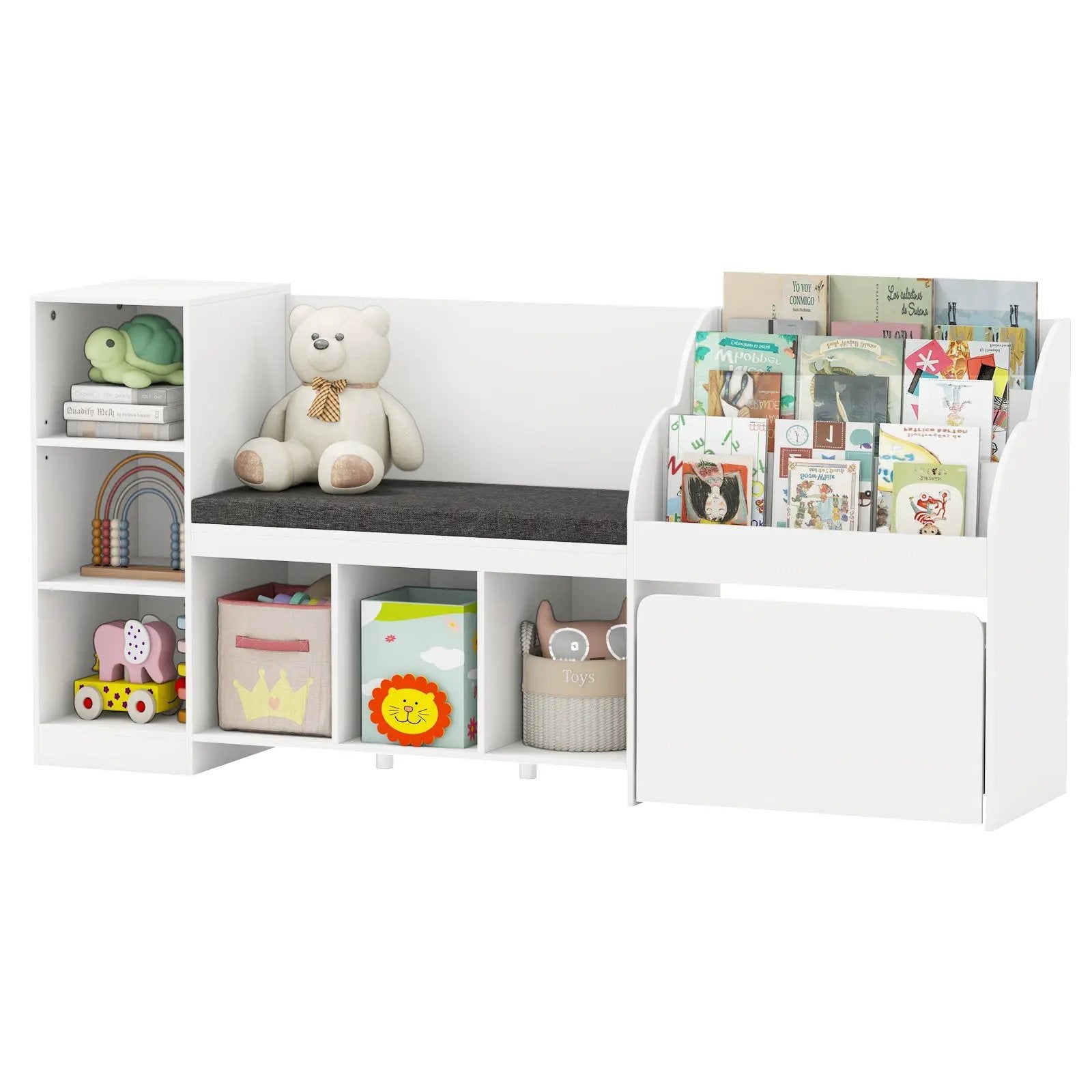 Kids Bookcase with Reading Nook 4-in-1 Standing Toy Organizer-White by DirectDeals