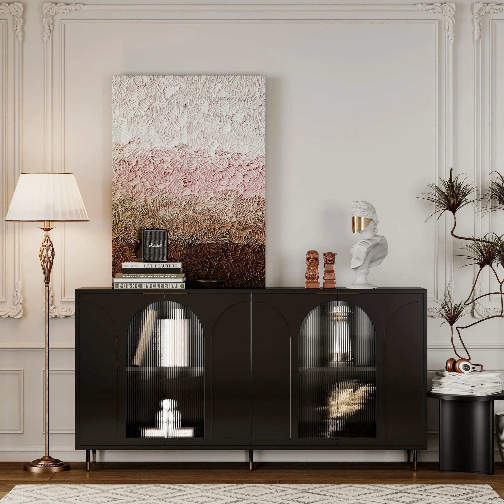 Accent Cabinet Lacquered Wooden Cabinet With 4 Glass Doors Sideboard Buffet Server Cabinet Storage Cabinet, For Living Room, Entryway, Hallway, Office, Kitchen And Dining Room by Unique Piece Furniture
