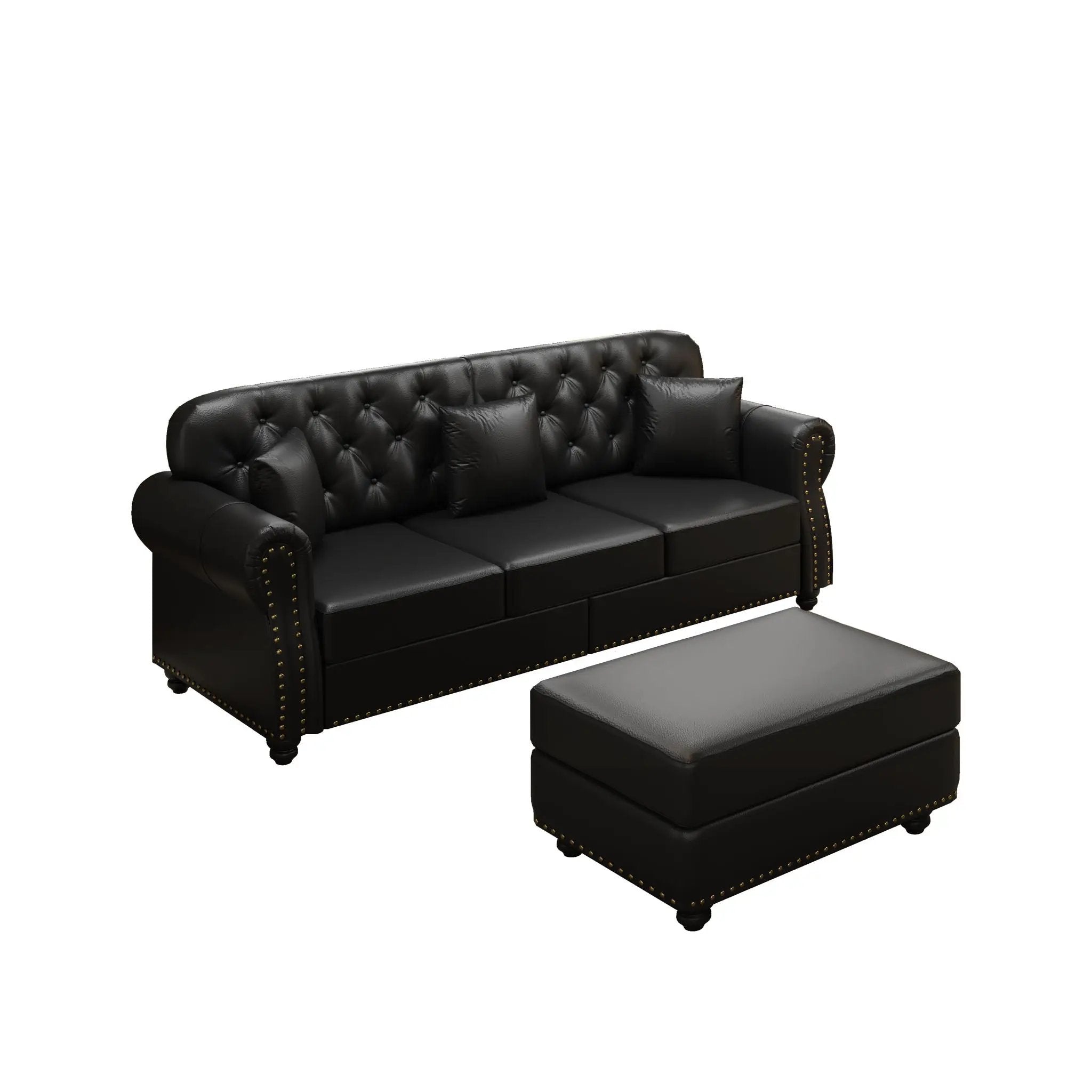 Upholstered Sofa With Nailhead Trim, Rolled Armrests With Ottoman by HouseOfZazla