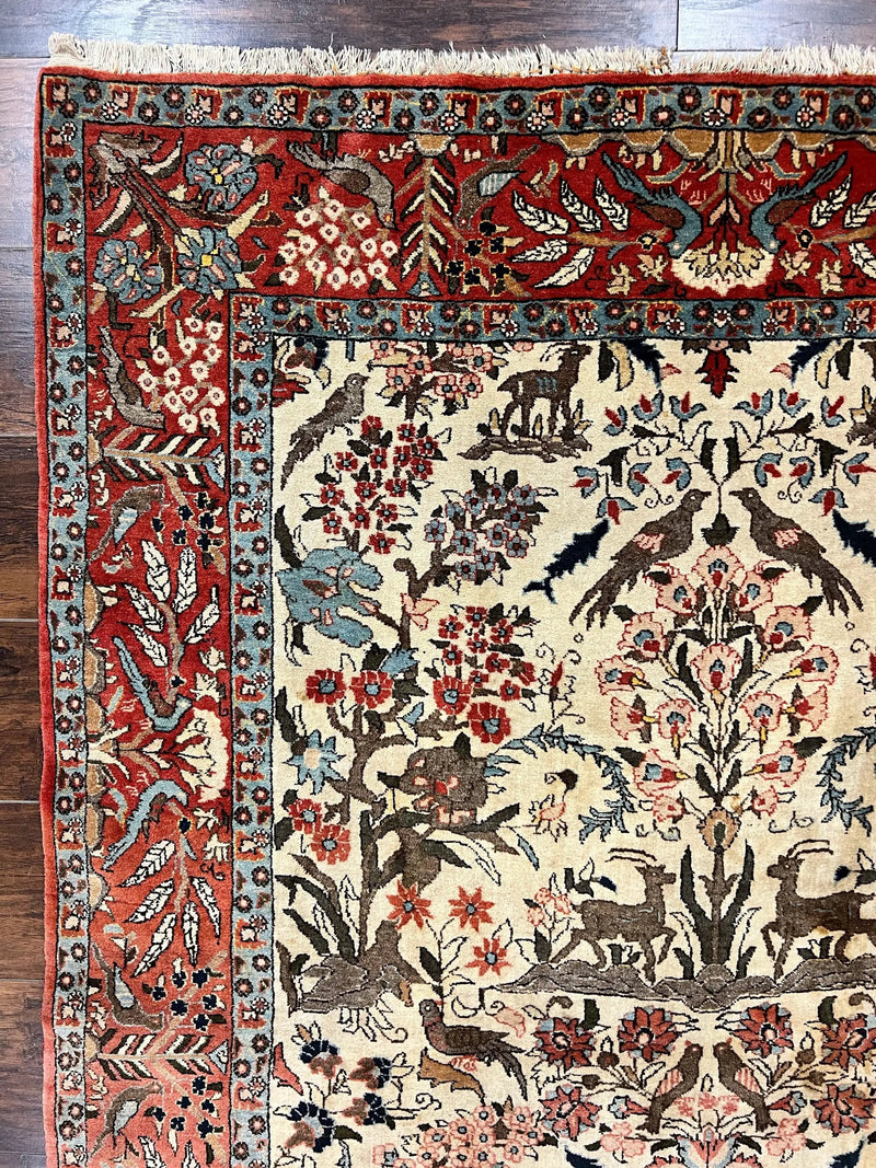 Persian Tree of Life 5x7, Qum Rug, Animal Motifs, Deer Birds, Fine 225 KPSI, Semi Antique Wool Rug, Cream Red by Jewel Rugs